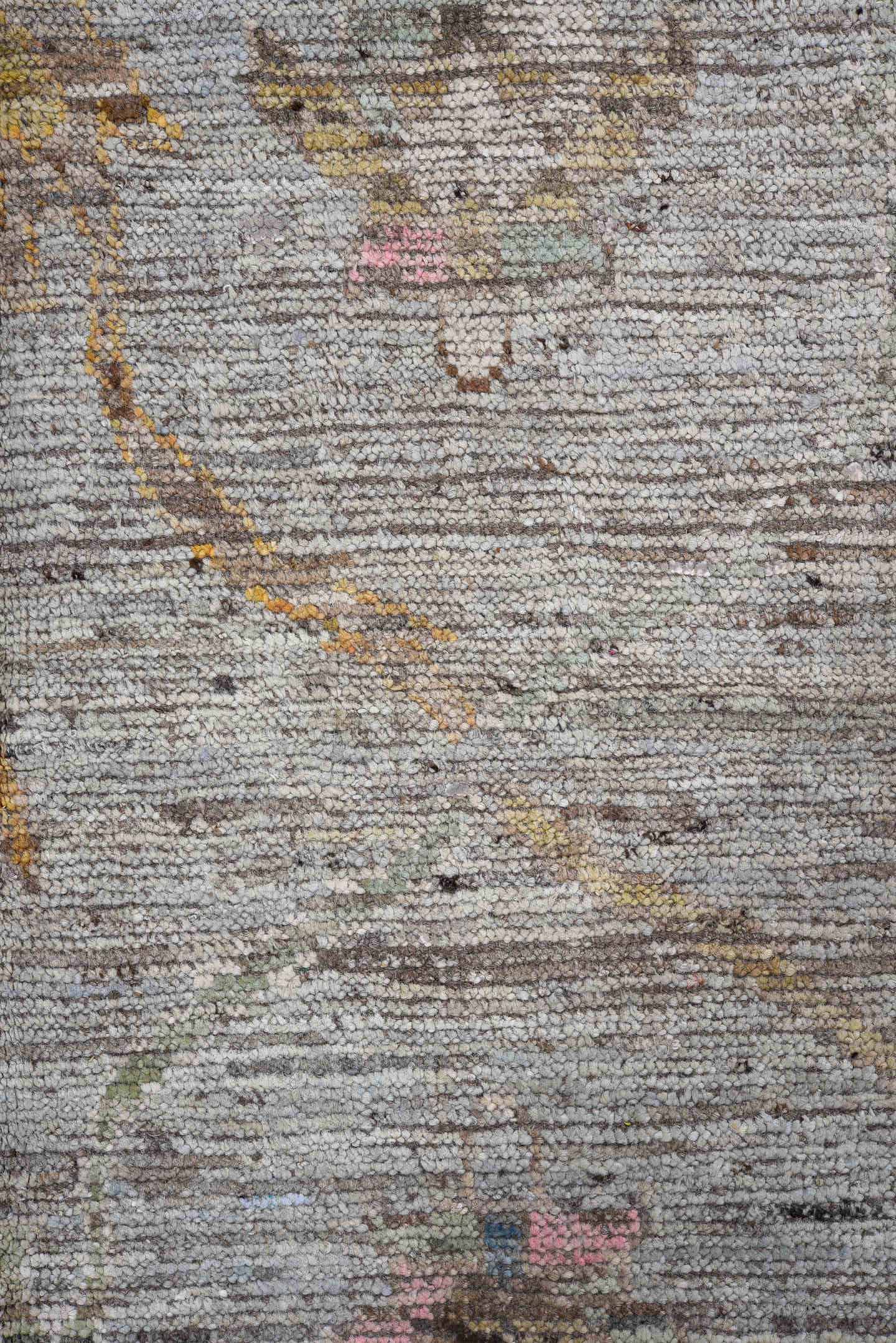 7' x 9' one-of-a-kind handmade vintage Oushak rug. Color palette: gray, taupe, gold, blush, blue, brown, ivory, beige, pink