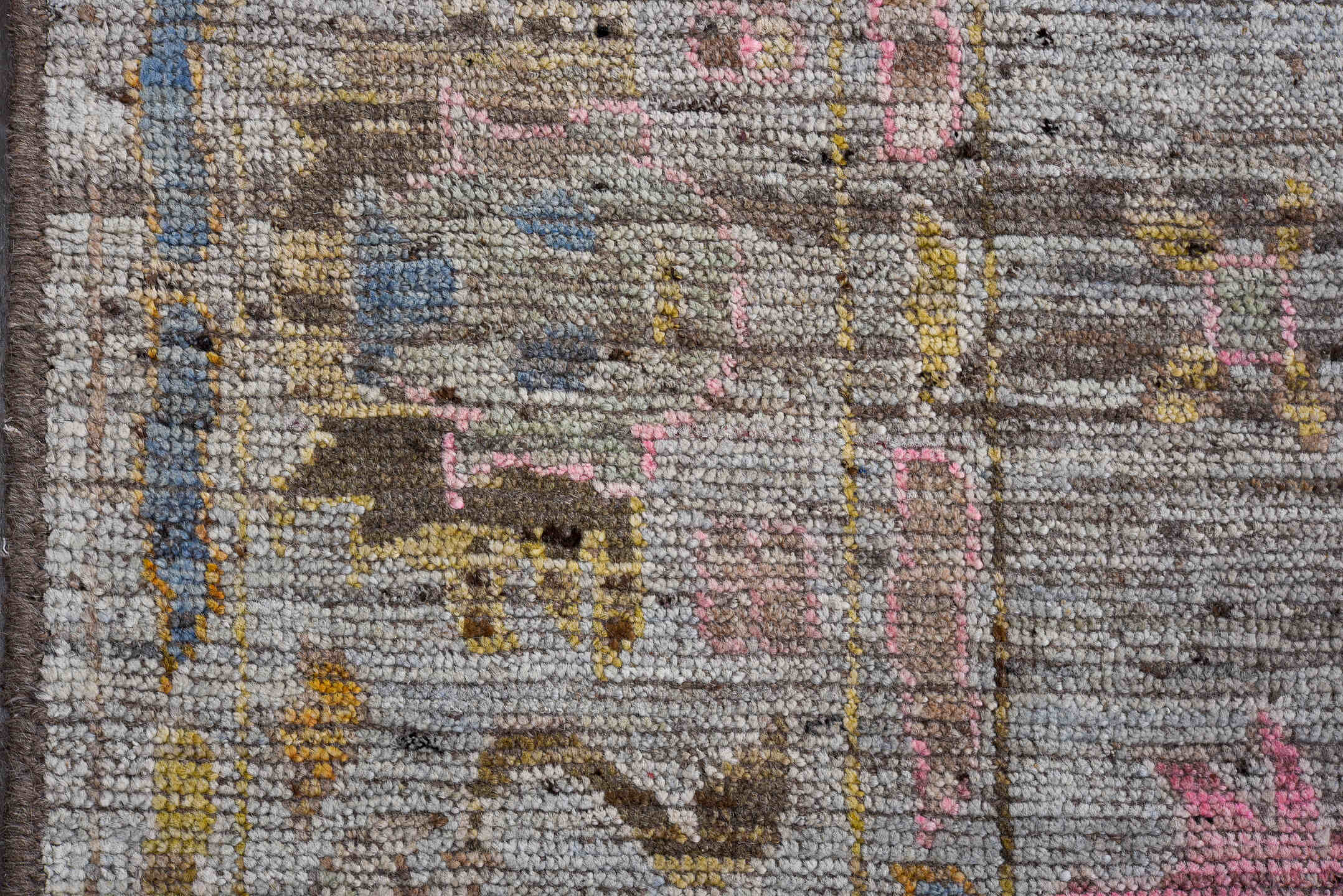 7' x 9' one-of-a-kind handmade vintage Oushak rug. Color palette: gray, taupe, gold, blush, blue, brown, ivory, beige, pink