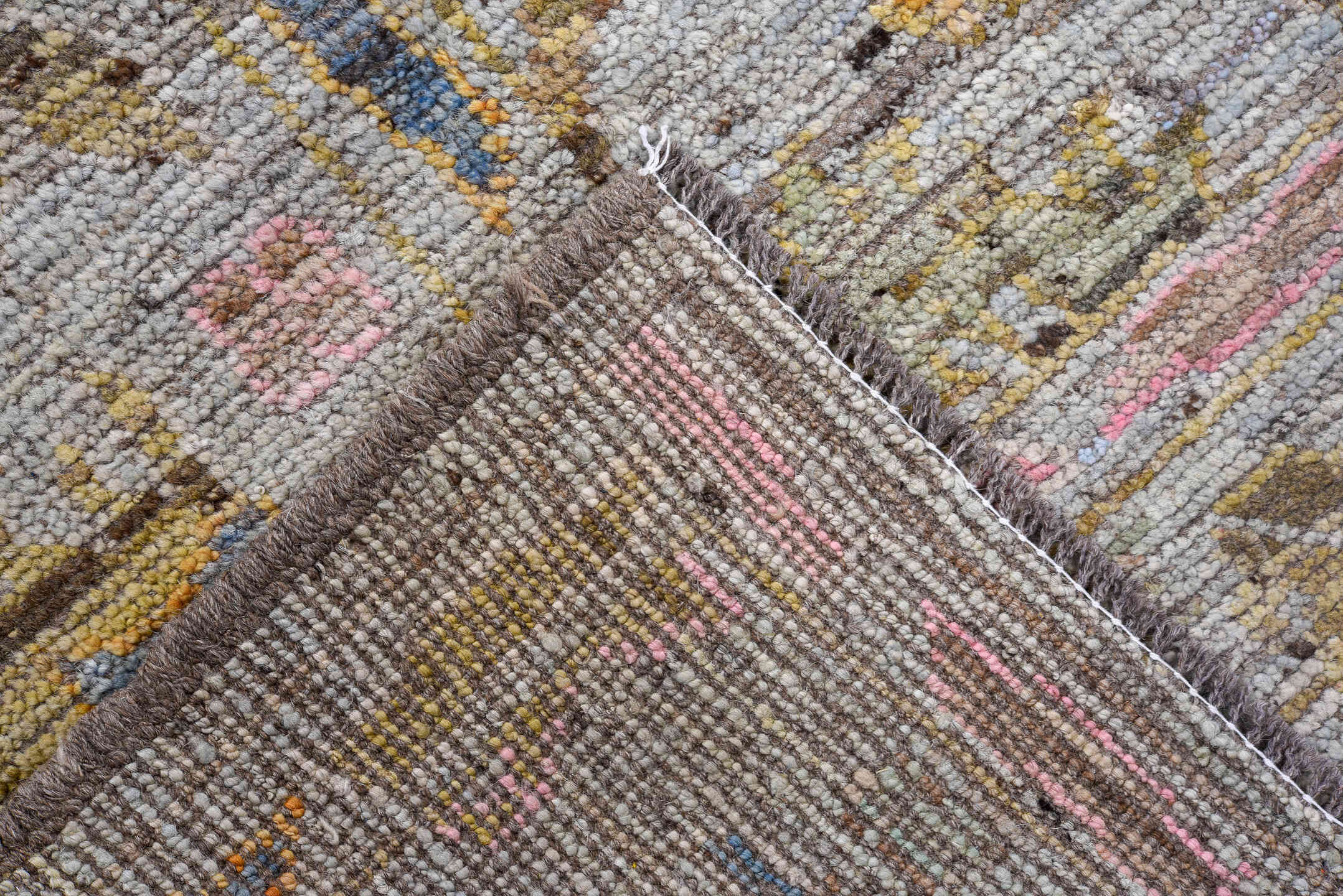 7' x 9' one-of-a-kind handmade vintage Oushak rug. Color palette: gray, taupe, gold, blush, blue, brown, ivory, beige, pink