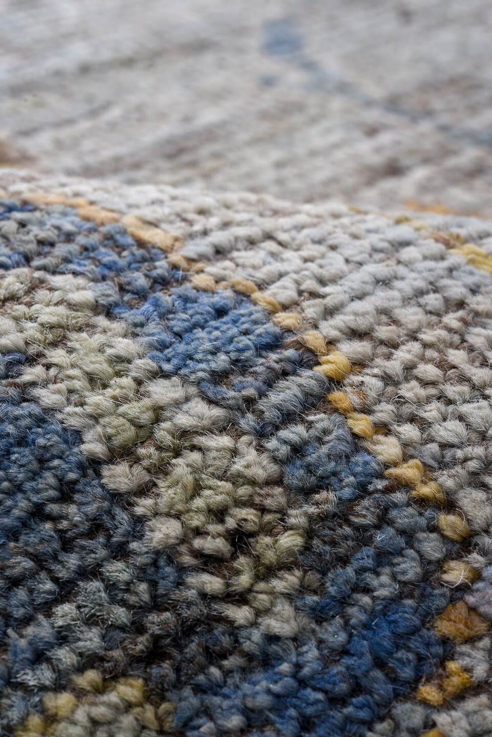 7' x 9' one-of-a-kind handmade vintage Oushak rug. Color palette: gray, taupe, gold, blush, blue, brown, ivory, beige, pink