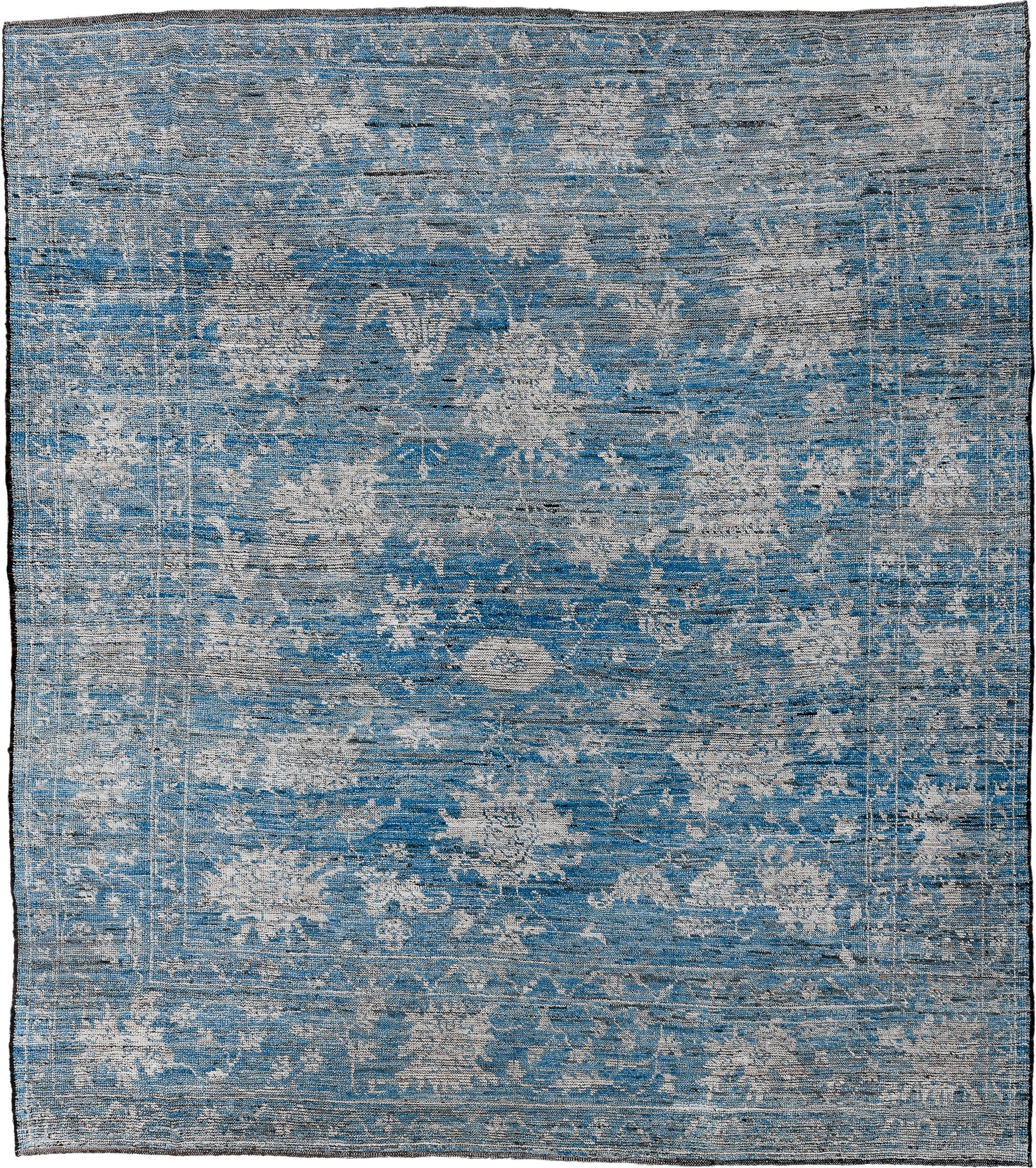 8' x 9' one-of-a-kind handmade vintage Oushak large size rug. Color palette: sky blue, ivory, slate, silver, charcoal