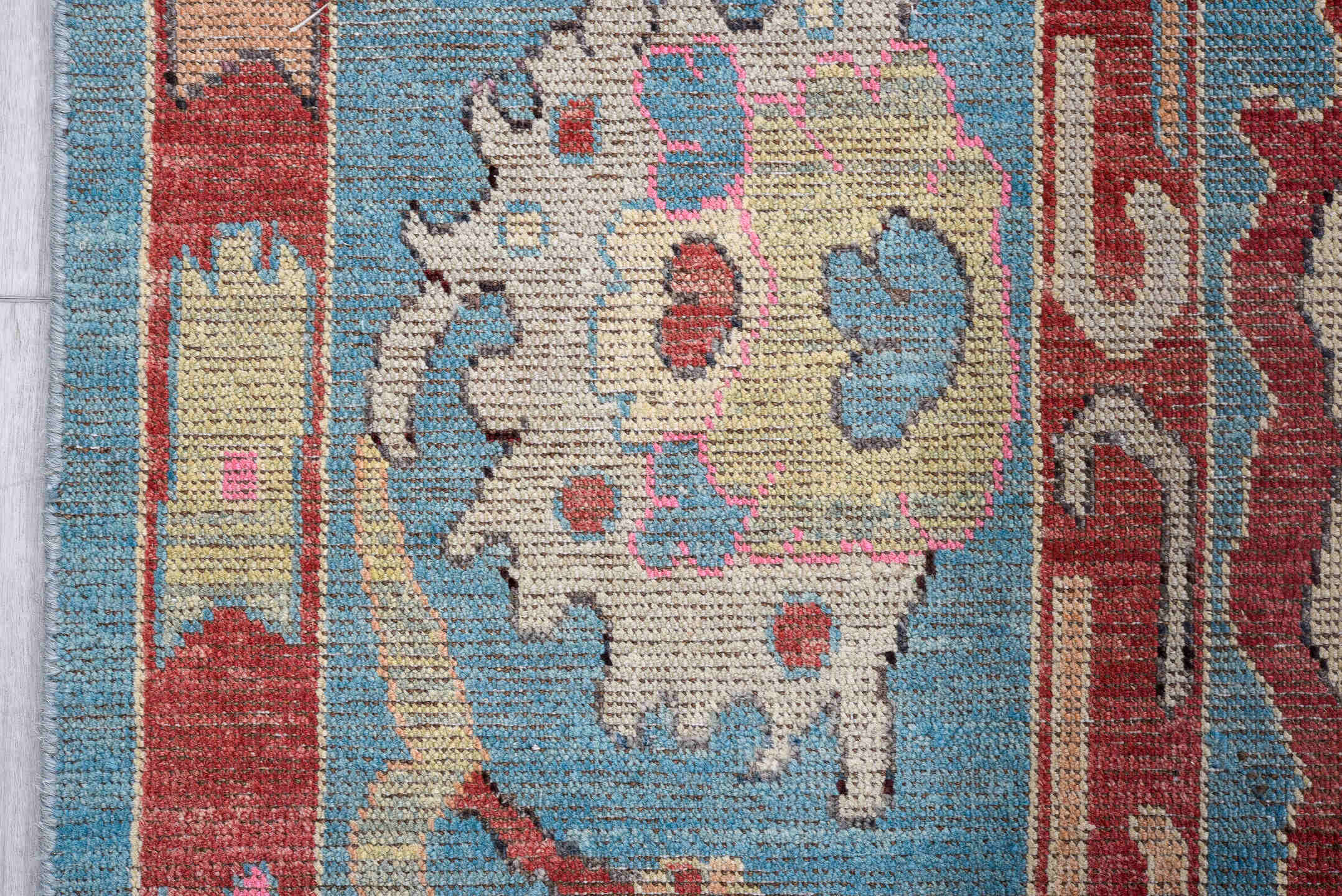 7' x 9' one-of-a-kind handmade vintage Oushak large size rug. Color palette: sky blue, rose, ivory, rust, taupe, cream