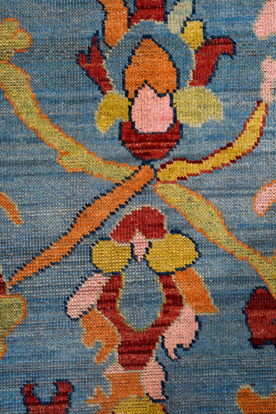 8' x 9' one-of-a-kind handmade vintage Oushak large size rug. Color palette: sky blue, pink, coral, gold, red, ivory, sage