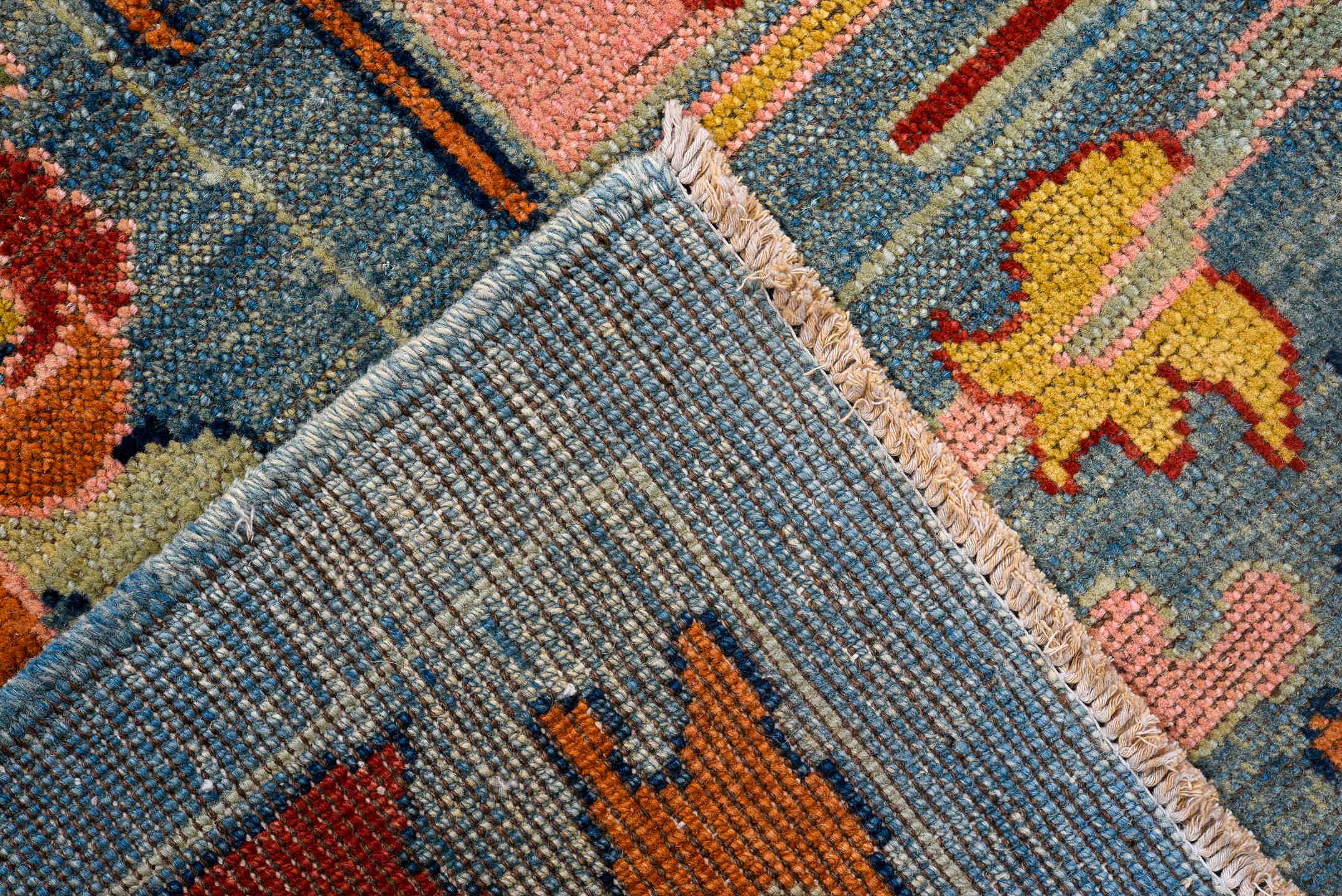8' x 9' one-of-a-kind handmade vintage Oushak large size rug. Color palette: sky blue, pink, coral, gold, red, ivory, sage