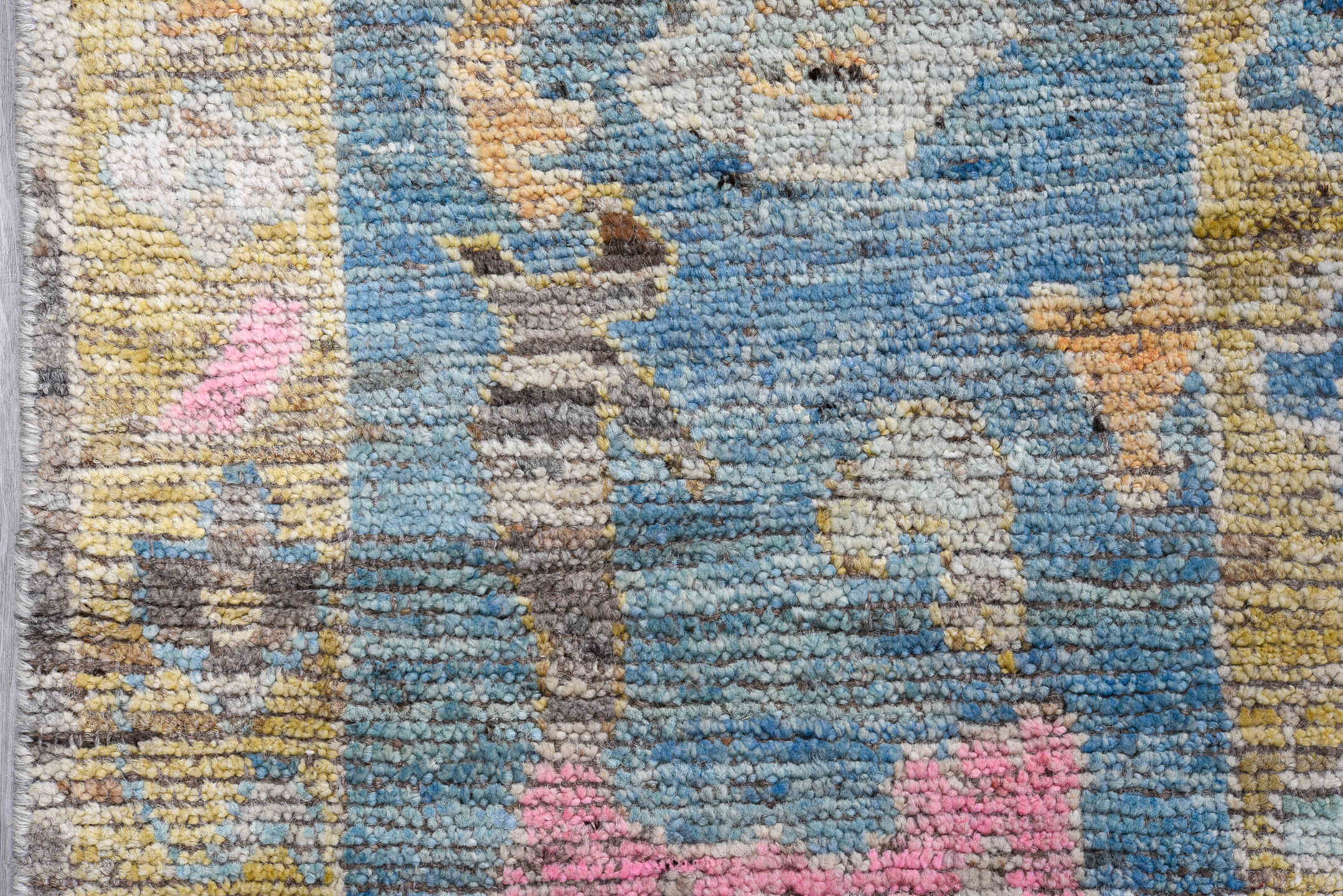 8' x 9' one-of-a-kind handmade vintage Oushak large size rug. Color palette: gray, sky blue, gold, pink, ivory, taupe