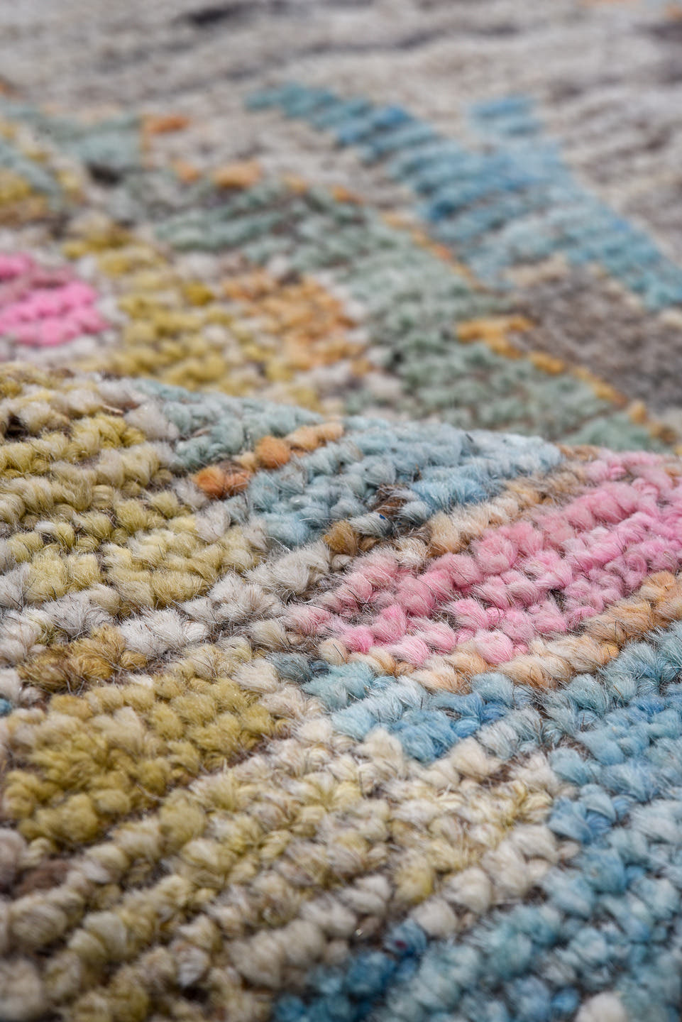 8' x 9' one-of-a-kind handmade vintage Oushak large size rug. Color palette: gray, sky blue, gold, pink, ivory, taupe