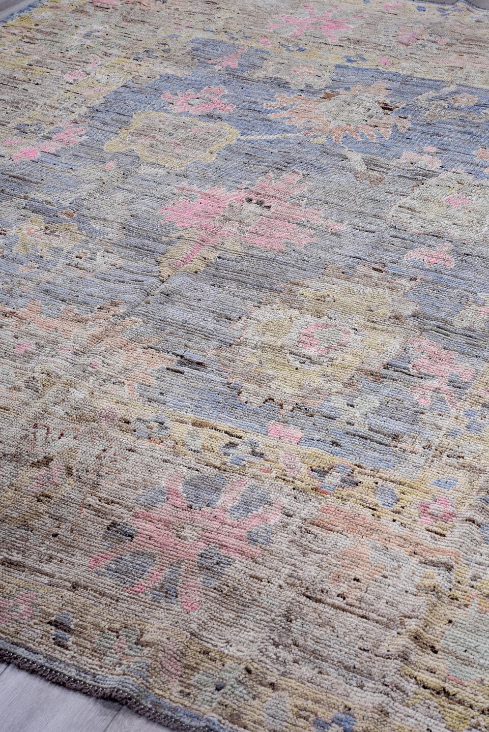 8' x 9' one-of-a-kind handmade vintage Oushak large size rug. Color palette: gray, slate blue, ivory, blush, taupe, gold