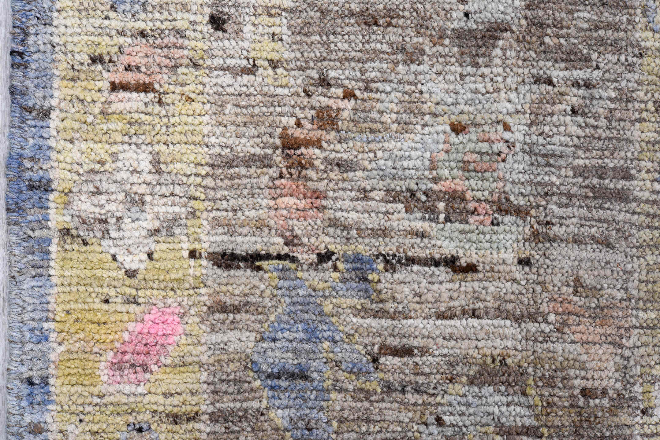 8' x 9' one-of-a-kind handmade vintage Oushak large size rug. Color palette: gray, slate blue, ivory, blush, taupe, gold