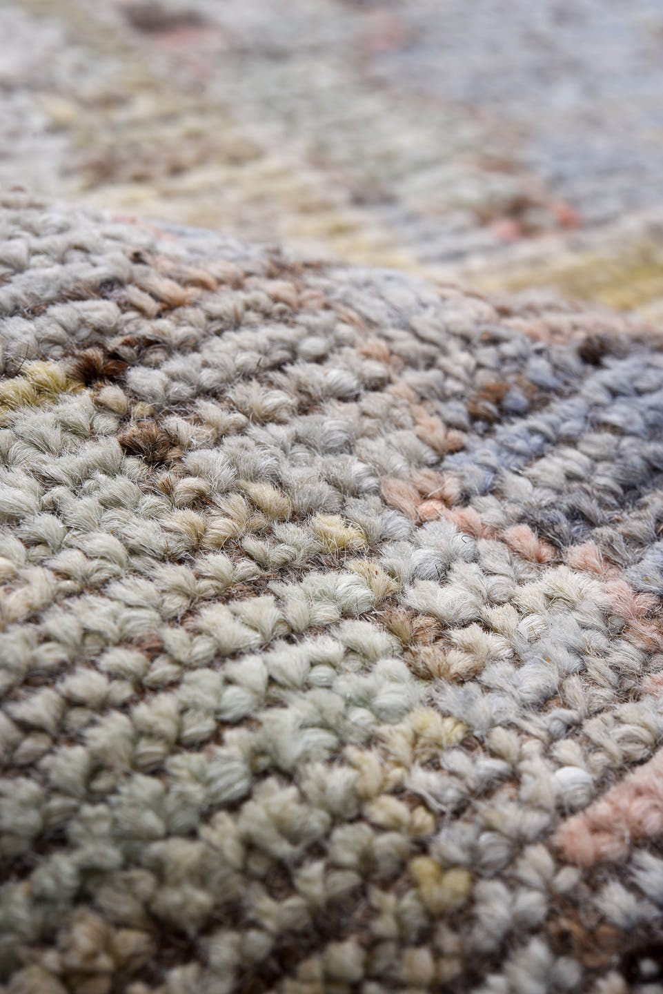 8' x 9' one-of-a-kind handmade vintage Oushak large size rug. Color palette: gray, slate blue, ivory, blush, taupe, gold