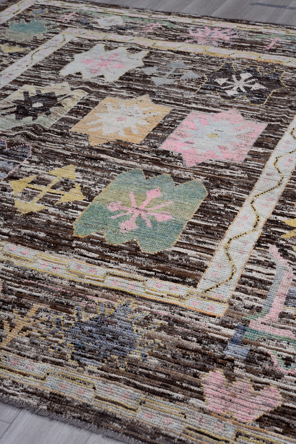 8' x 9' one-of-a-kind handmade vintage Oushak large size rug. Color palette: brown, ivory, sage, blush, slate, gold, taupe