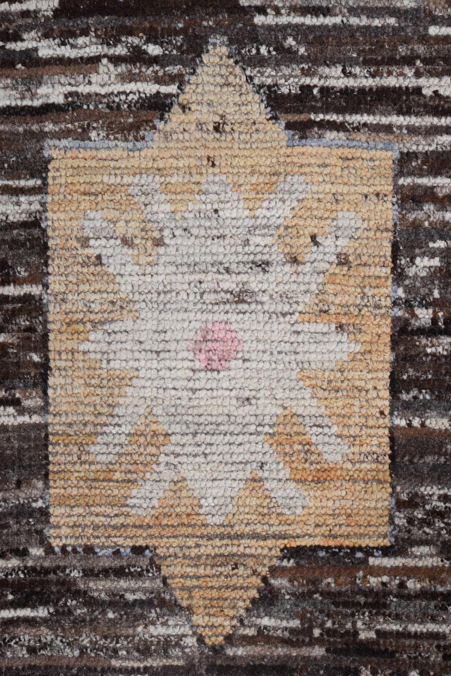 8' x 9' one-of-a-kind handmade vintage Oushak large size rug. Color palette: brown, ivory, sage, blush, slate, gold, taupe