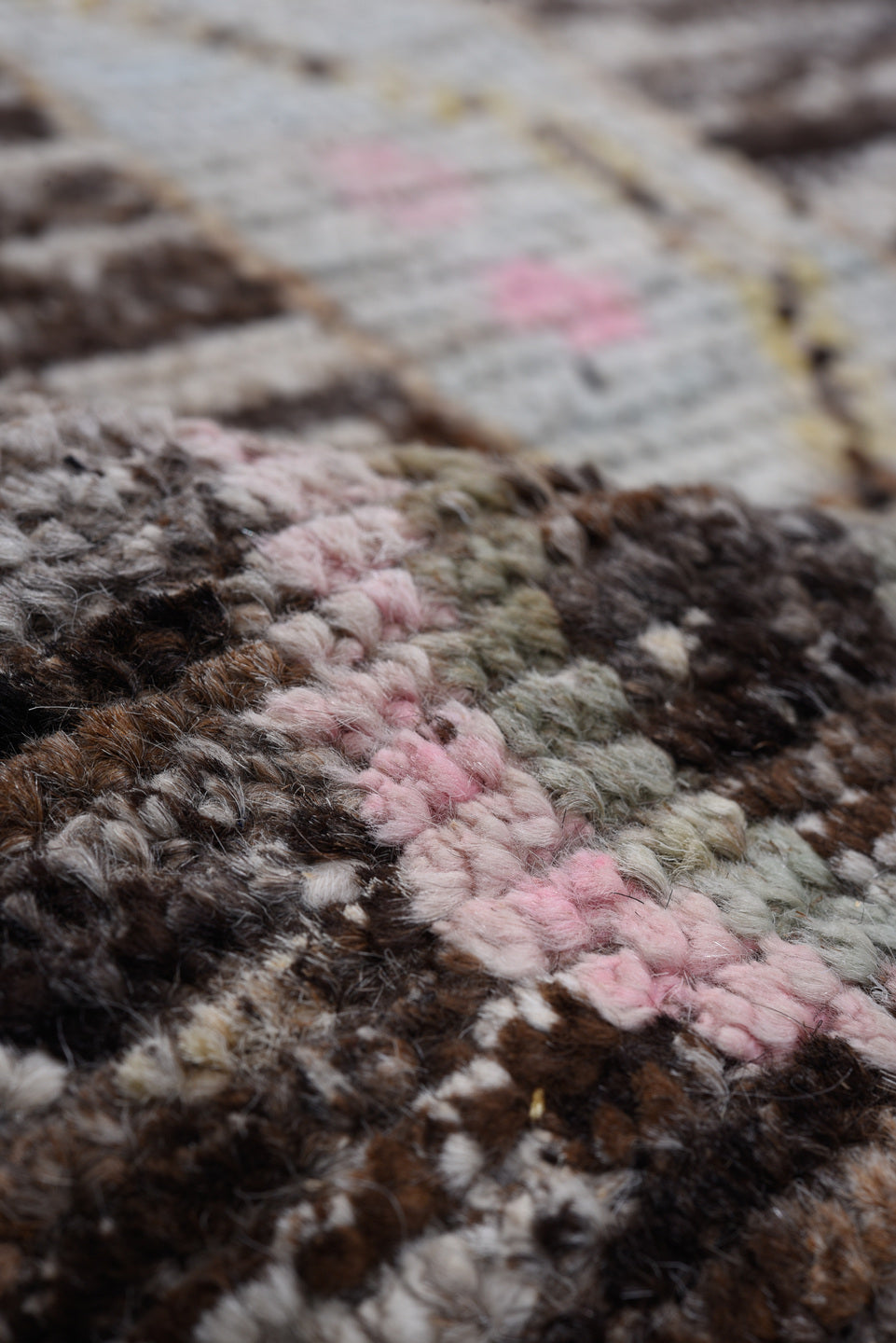 8' x 9' one-of-a-kind handmade vintage Oushak large size rug. Color palette: brown, ivory, sage, blush, slate, gold, taupe