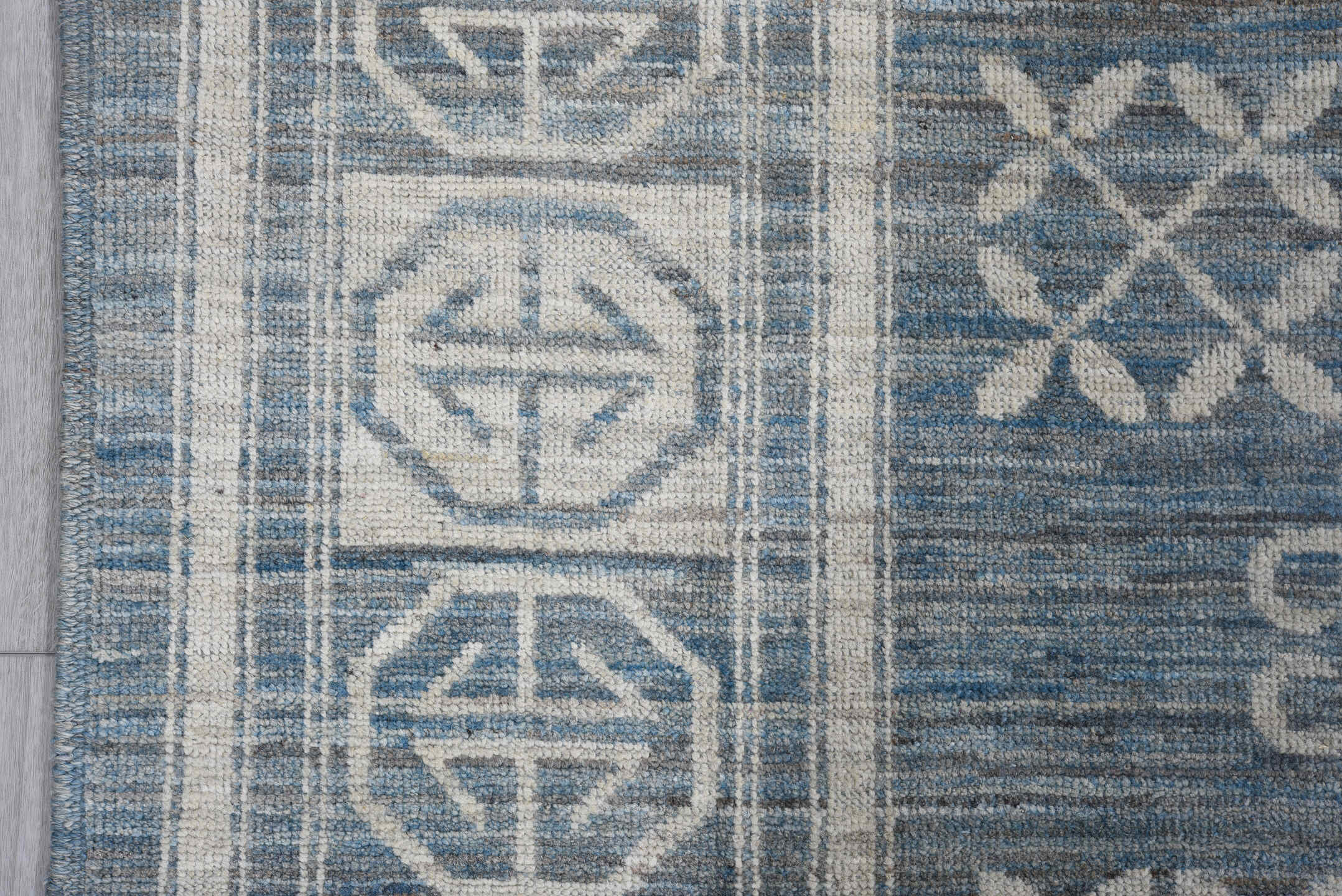 8' x 9' one-of-a-kind handmade vintage Oushak large size rug. Color palette: blue, ivory, slate, cream, gray