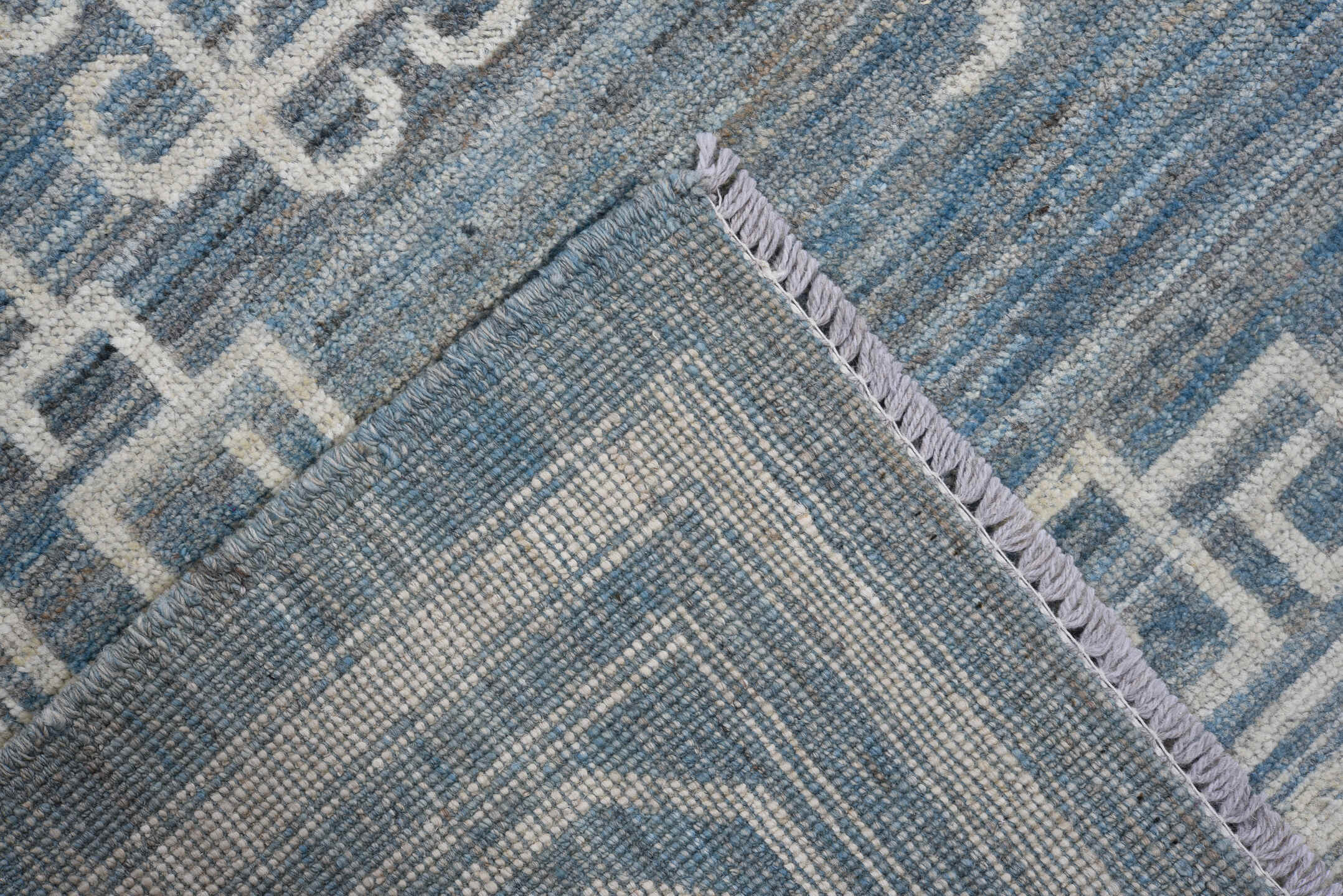8' x 9' one-of-a-kind handmade vintage Oushak large size rug. Color palette: blue, ivory, slate, cream, gray