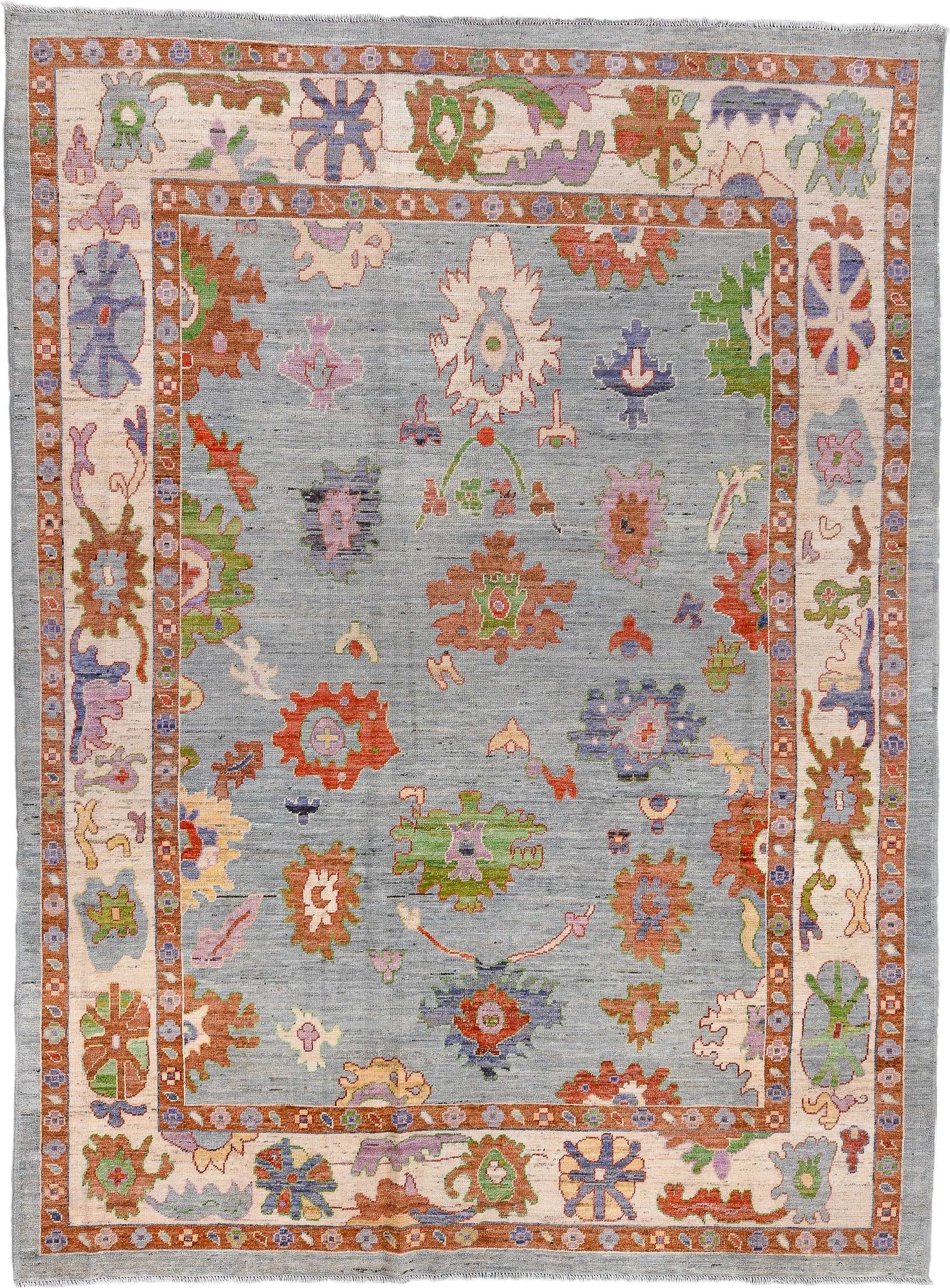 8' x 12' one-of-a-kind handmade vintage Oushak large size rug. Color palette: pale blue, ivory, rust, sage, lavender, coral