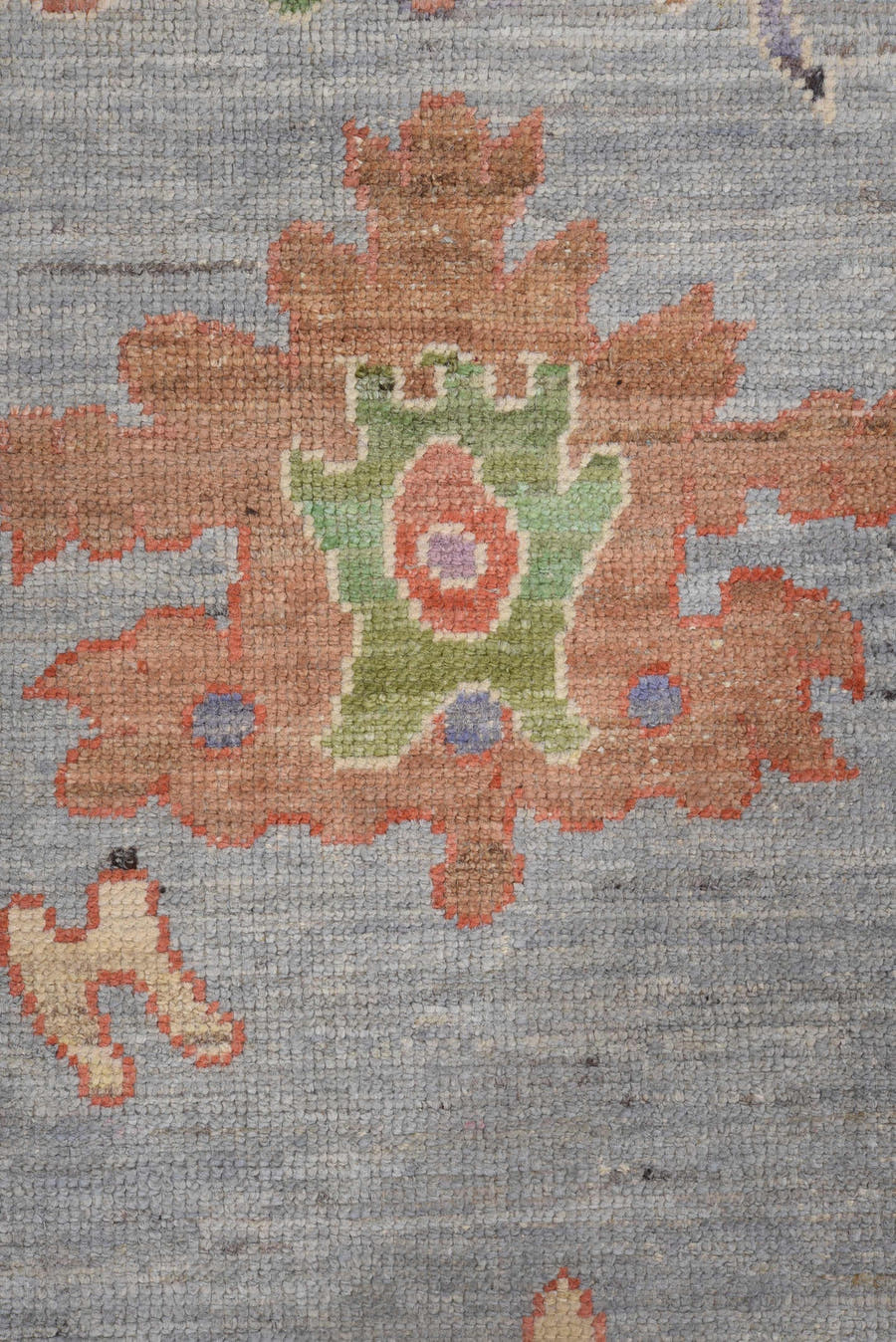 8' x 12' one-of-a-kind handmade vintage Oushak large size rug. Color palette: pale blue, ivory, rust, sage, lavender, coral