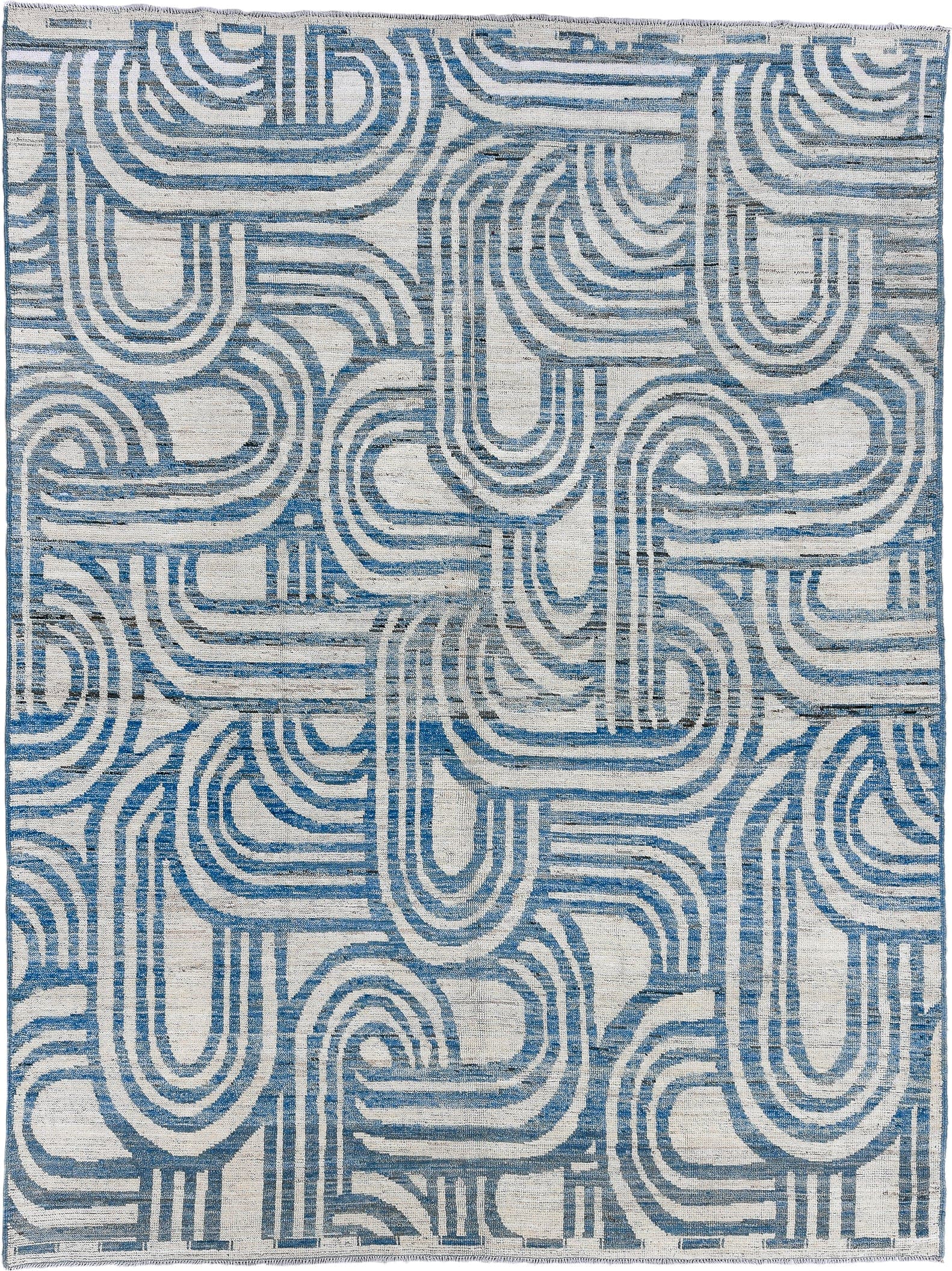 7' x 9' one-of-a-kind handmade vintage Tulu large size rug. Color palette: ivory, sky blue, slate, cream, light blue, gray