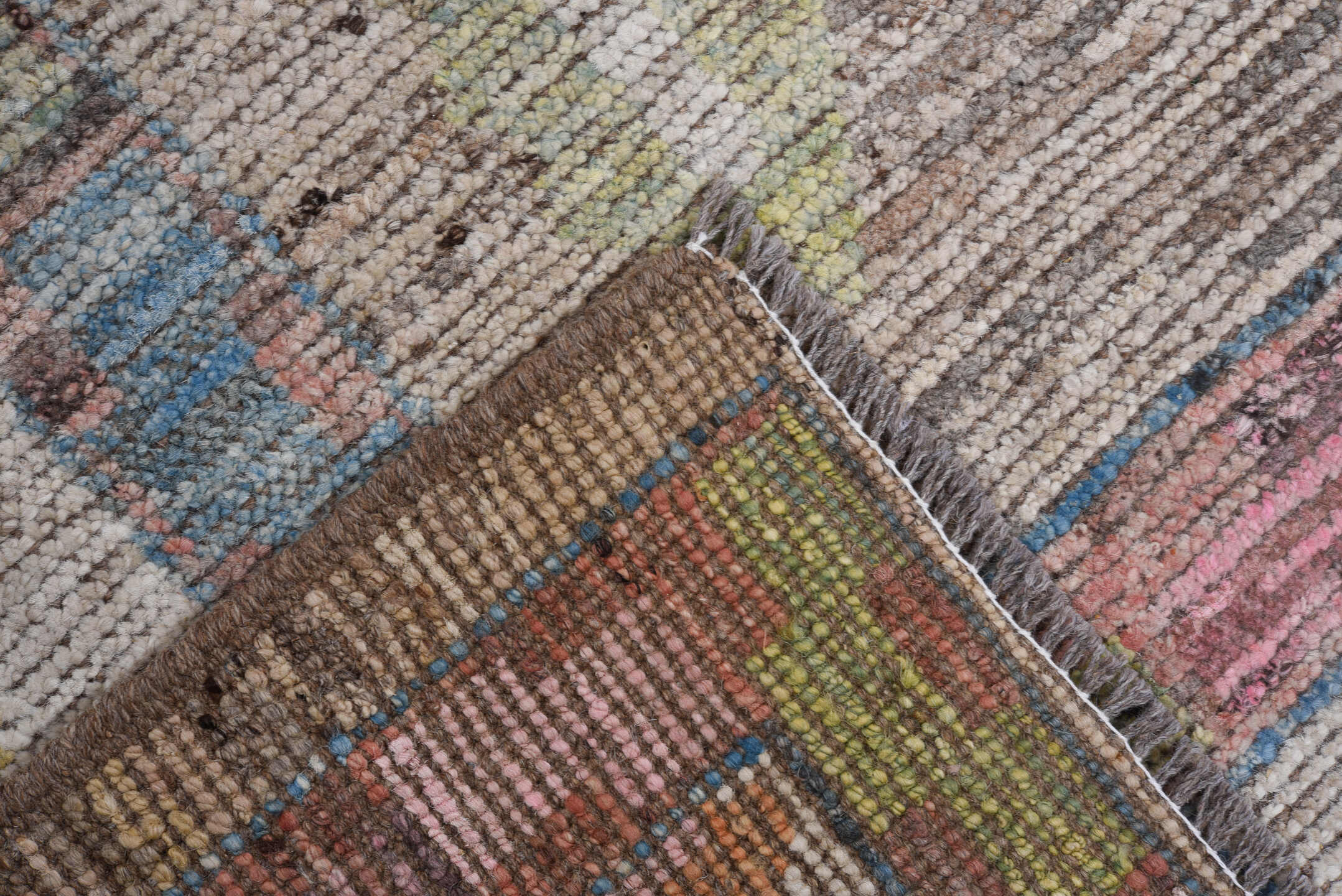 6' x 9' one-of-a-kind handmade vintage Oushak medium size rug. Color palette: black, blue, brown, burlywood, charcoal