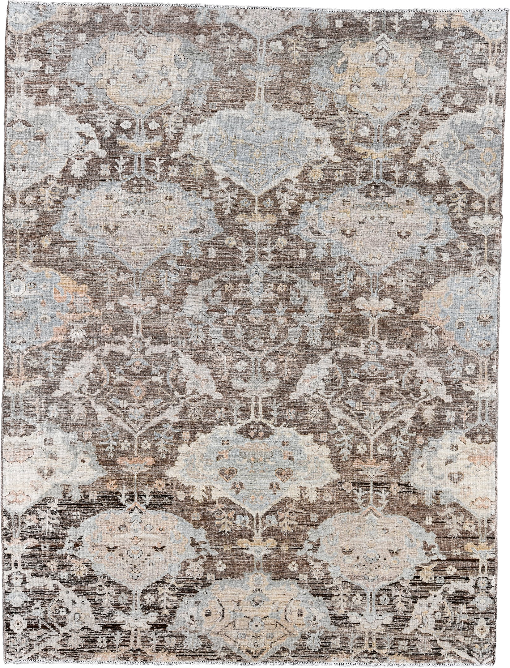 9' x 12' one-of-a-kind handmade vintage Oushak large size rug. Color palette: taupe, ivory, pale blue, brown, cream, gold