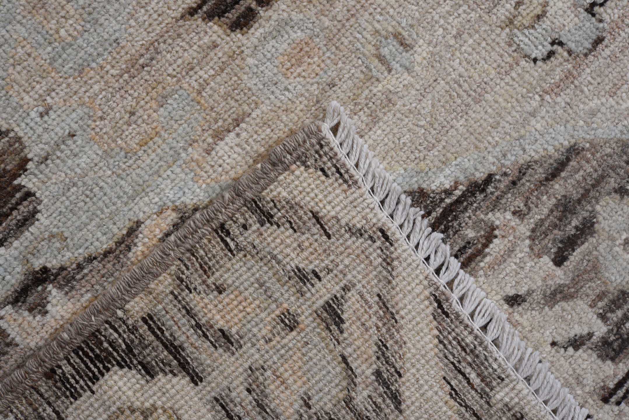 9' x 12' one-of-a-kind handmade vintage Oushak large size rug. Color palette: taupe, ivory, pale blue, brown, cream, gold
