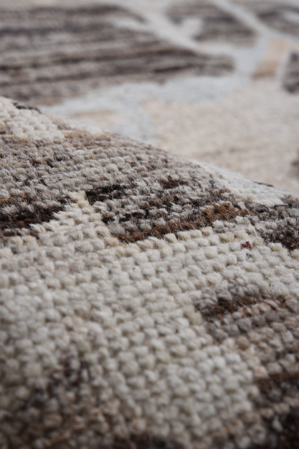 9' x 12' one-of-a-kind handmade vintage Oushak large size rug. Color palette: taupe, ivory, pale blue, brown, cream, gold