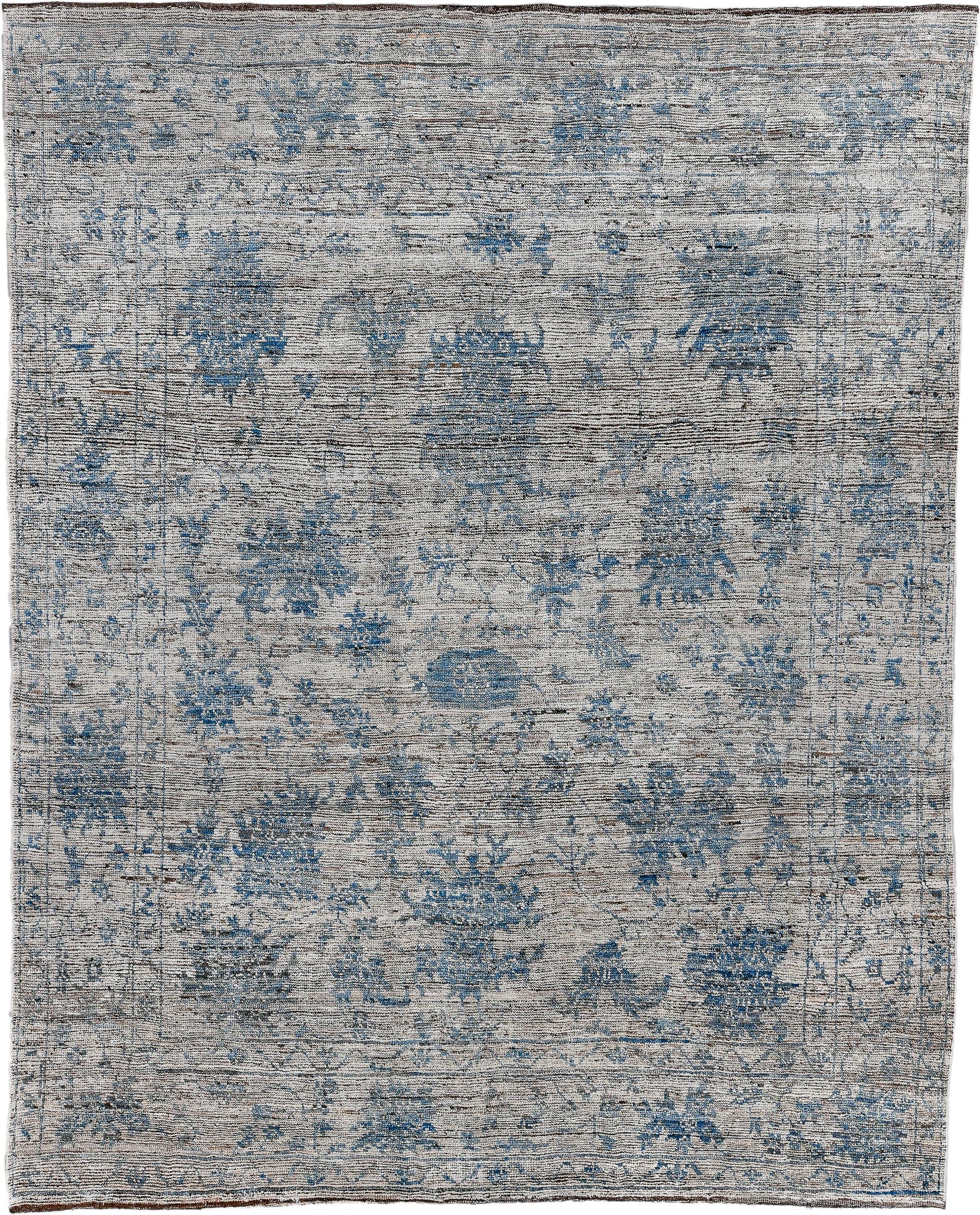 8' x 10' one-of-a-kind handmade vintage Tulu large size rug. Color palette: ivory, blue, charcoal, slate, taupe, gray, black