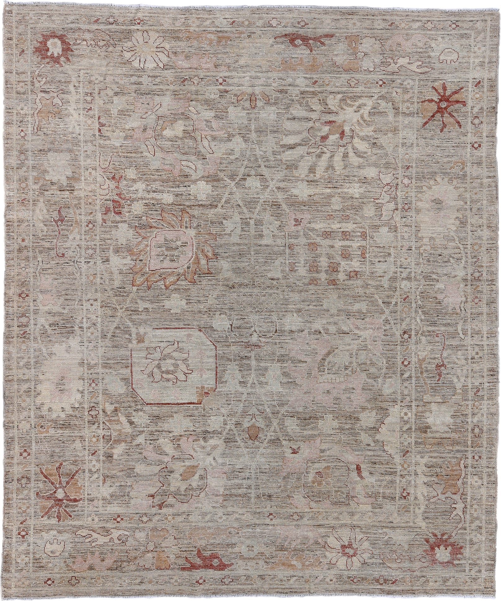 8' x 9' one-of-a-kind handmade vintage Oushak rug. Color palette: taupe, ivory, blush, rust, beige, camel, sage, gray, pink