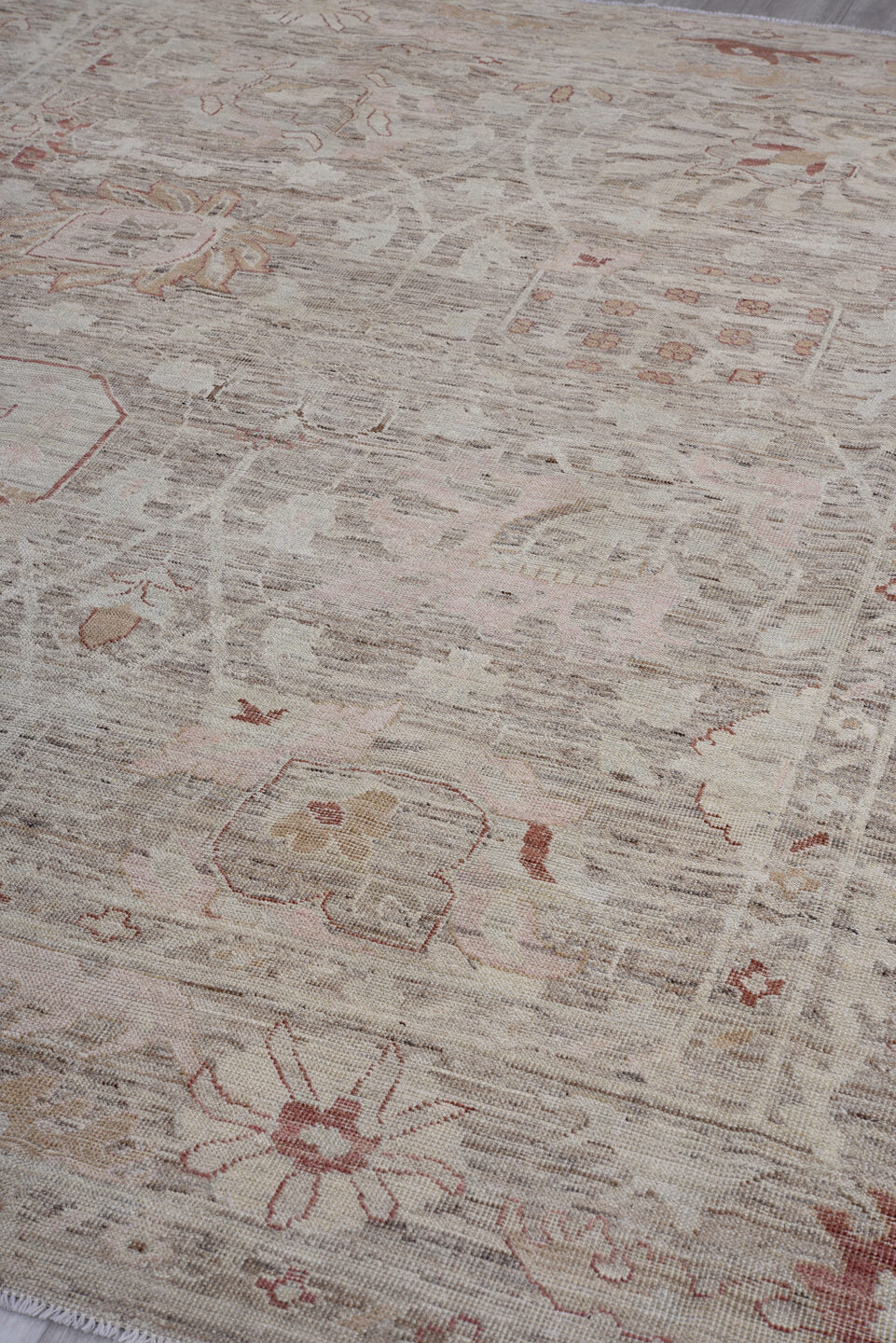 8' x 9' one-of-a-kind handmade vintage Oushak rug. Color palette: taupe, ivory, blush, rust, beige, camel, sage, gray, pink
