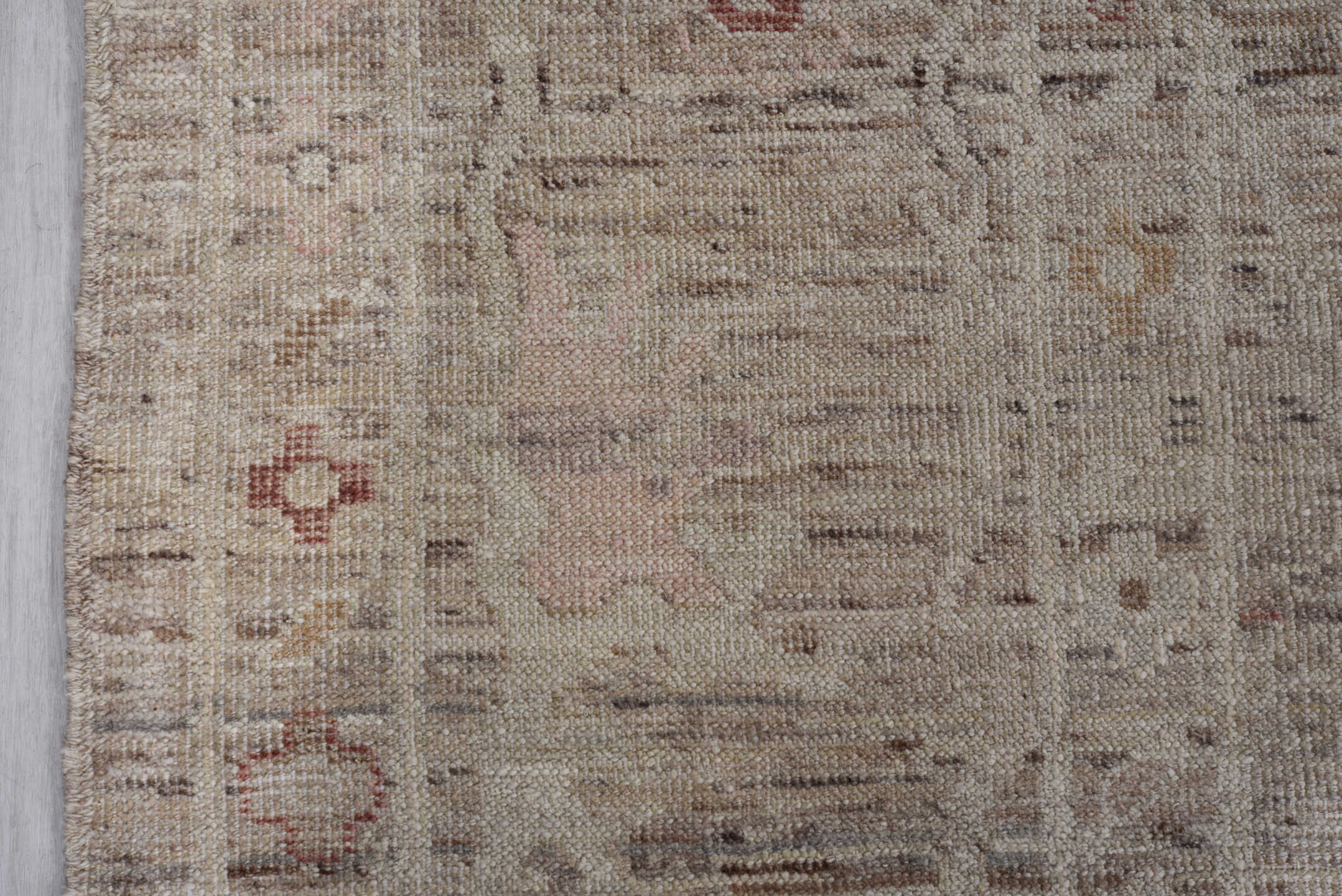 8' x 9' one-of-a-kind handmade vintage Oushak rug. Color palette: taupe, ivory, blush, rust, beige, camel, sage, gray, pink