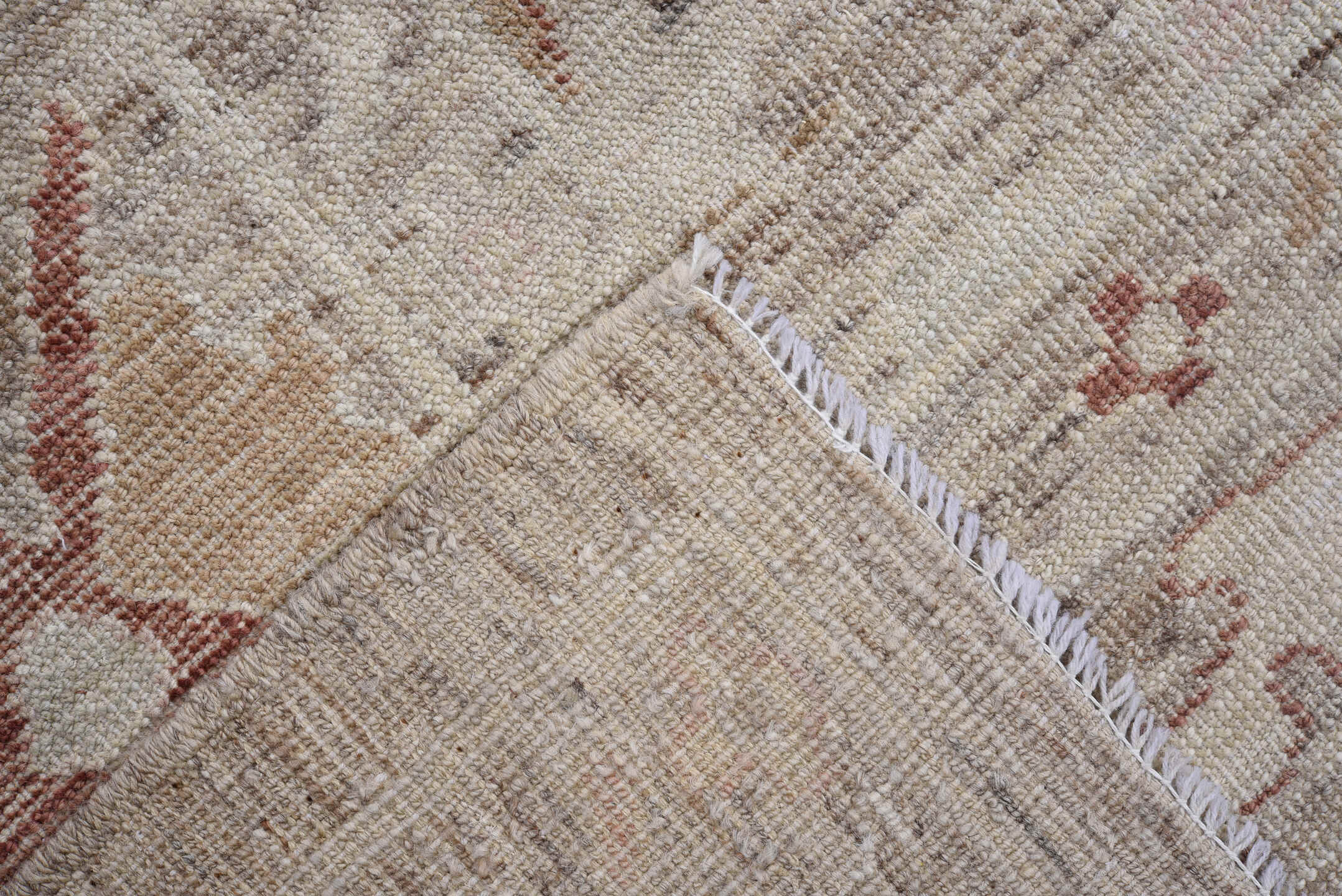 8' x 9' one-of-a-kind handmade vintage Oushak rug. Color palette: taupe, ivory, blush, rust, beige, camel, sage, gray, pink