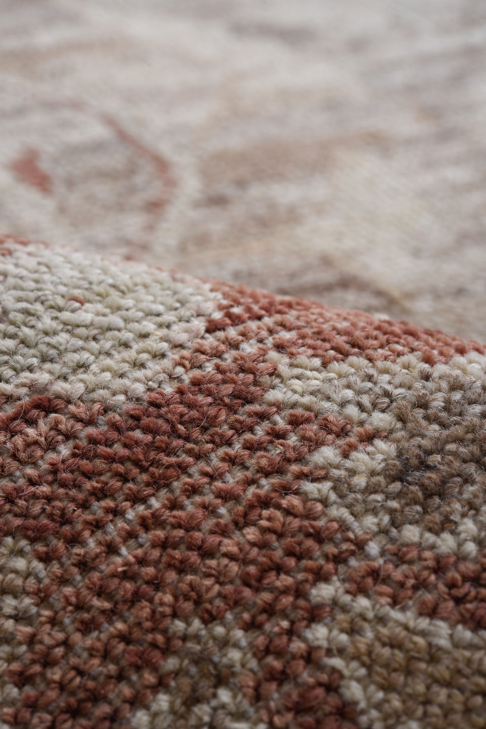 8' x 9' one-of-a-kind handmade vintage Oushak rug. Color palette: taupe, ivory, blush, rust, beige, camel, sage, gray, pink