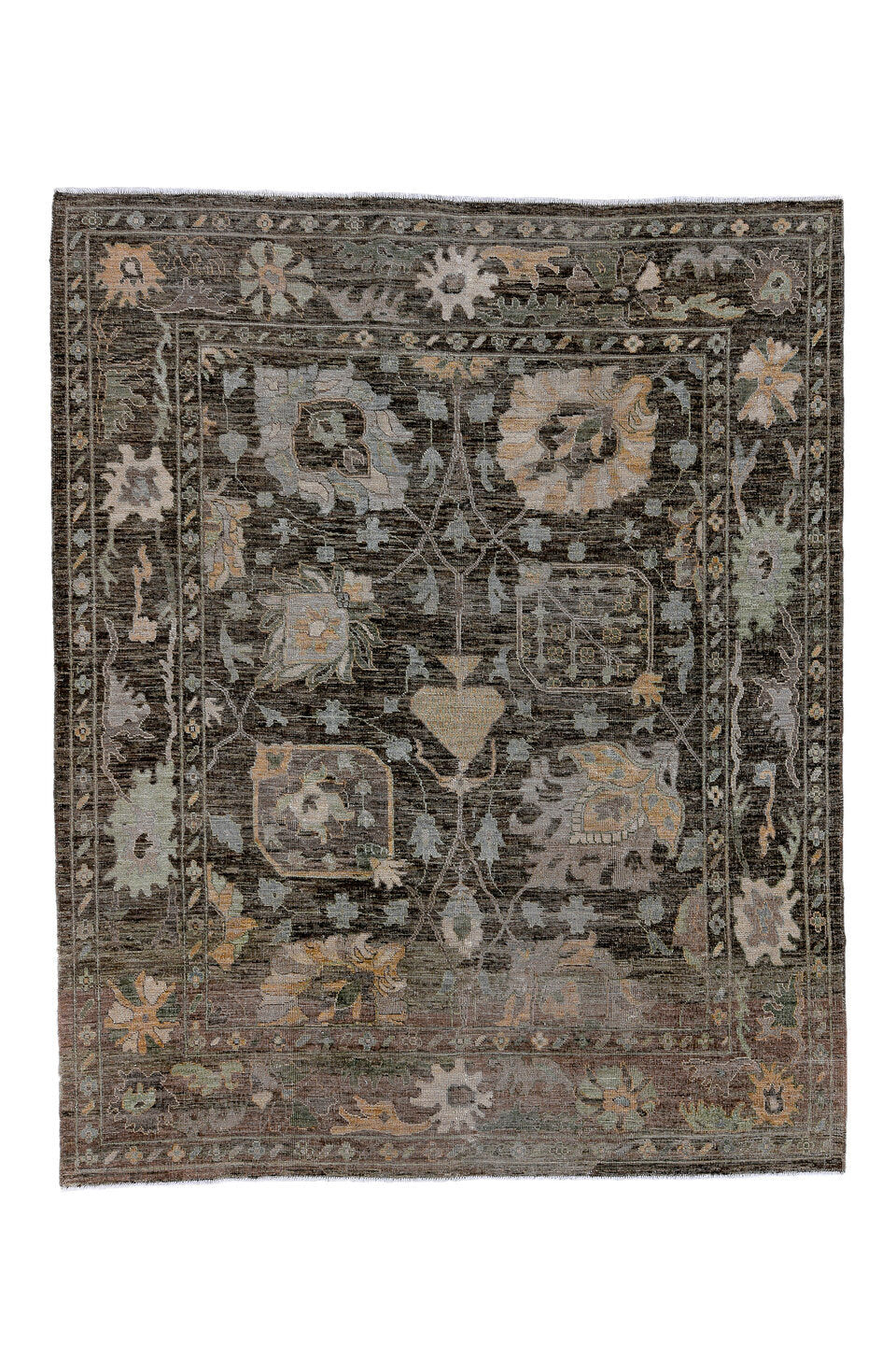 8' x 10' one-of-a-kind handmade vintage Oushak large size rug. Color palette: black, brown, dim gray, gainsboro, gray
