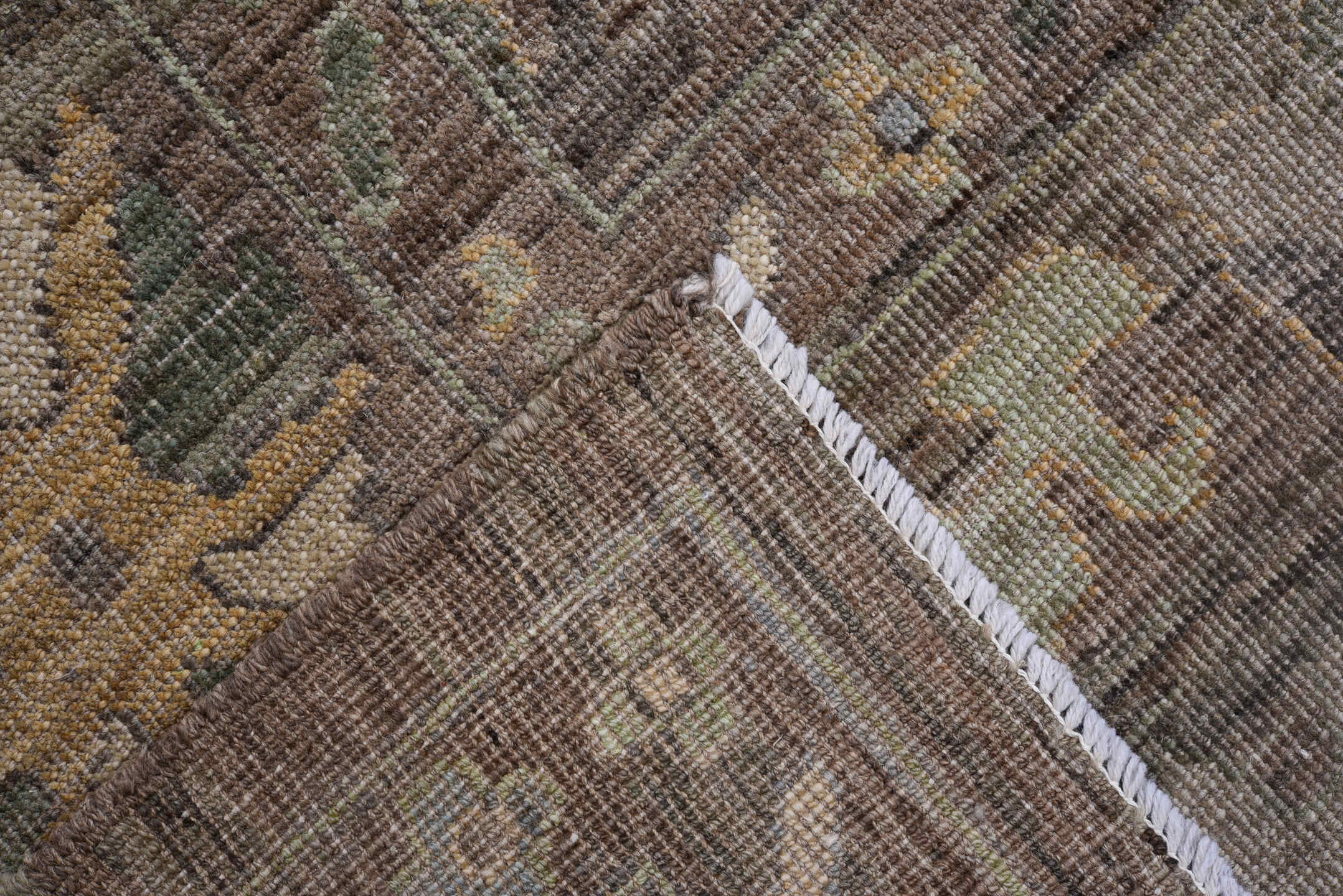 8' x 10' one-of-a-kind handmade vintage Oushak large size rug. Color palette: charcoal, taupe, sage, ivory, camel, gold