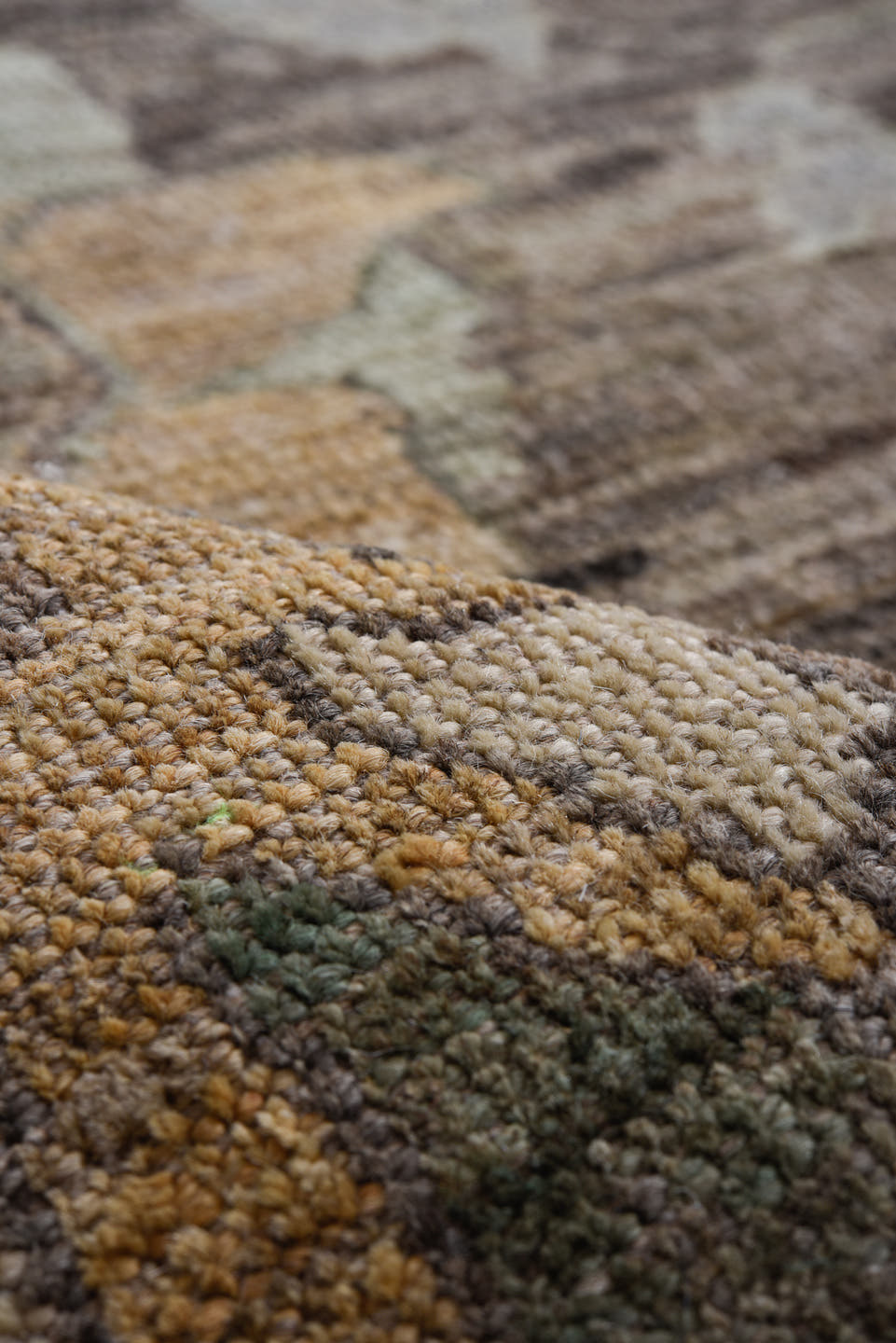 8' x 10' one-of-a-kind handmade vintage Oushak large size rug. Color palette: charcoal, taupe, sage, ivory, camel, gold