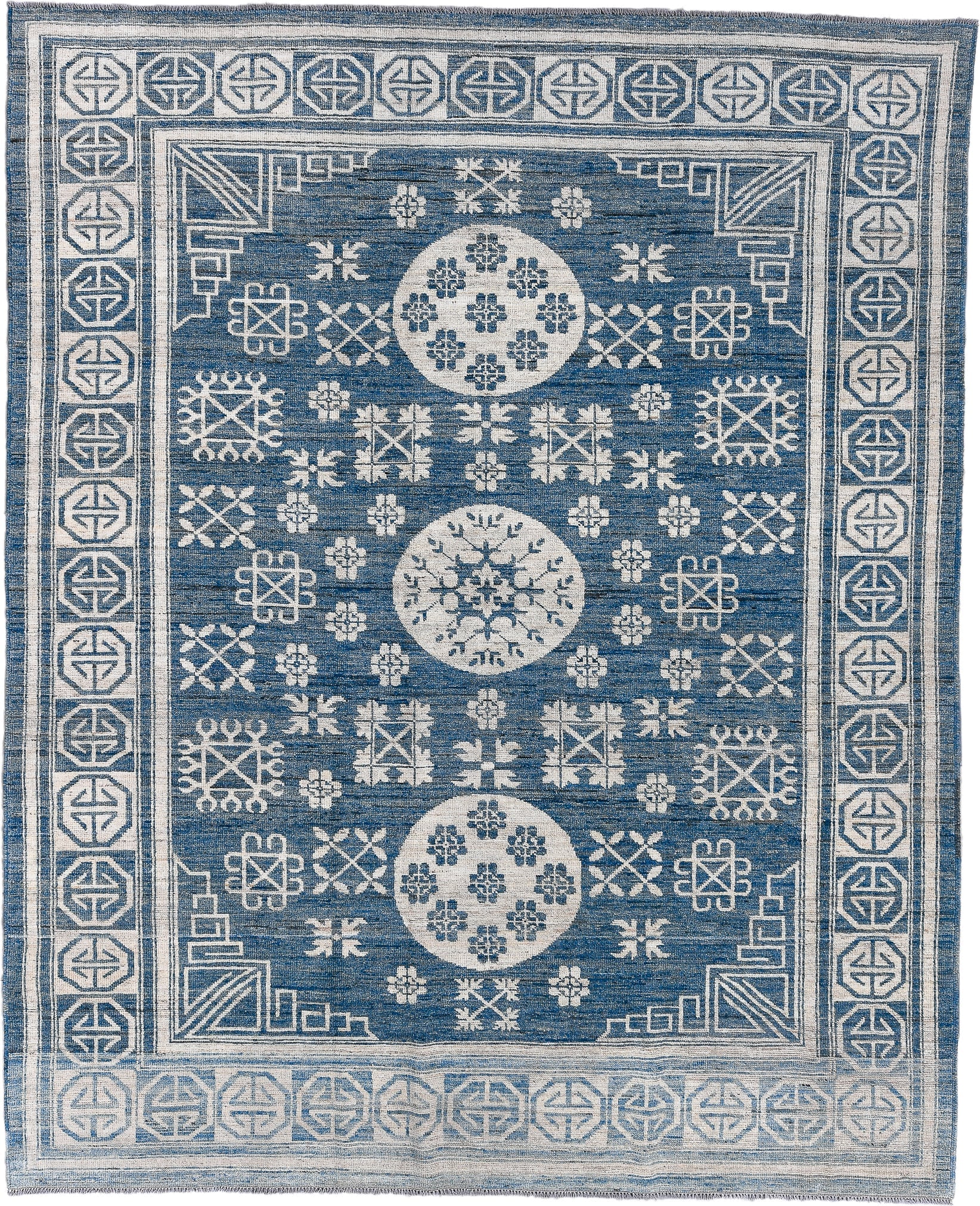 8' x 10' one-of-a-kind handmade vintage Oushak large size rug. Color palette: blue, ivory, slate, gray