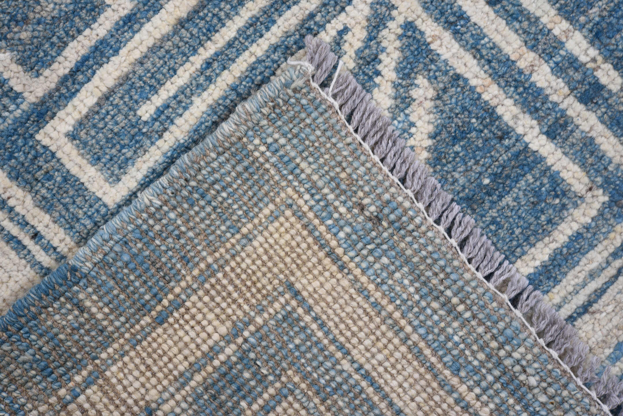 8' x 10' one-of-a-kind handmade vintage Oushak large size rug. Color palette: blue, ivory, slate, gray