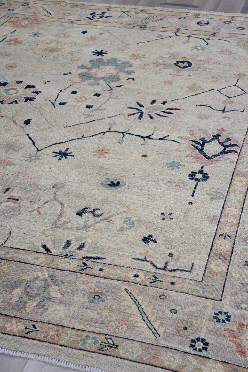 8' x 9' one-of-a-kind handmade vintage Oushak large size rug. Color palette: ivory, taupe, blush, navy, sage, gold, peach
