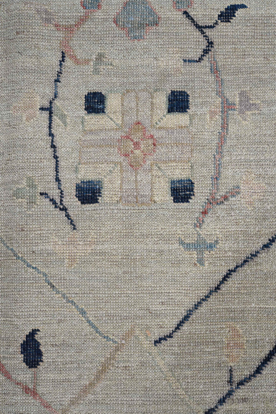 8' x 9' one-of-a-kind handmade vintage Oushak large size rug. Color palette: ivory, taupe, blush, navy, sage, gold, peach