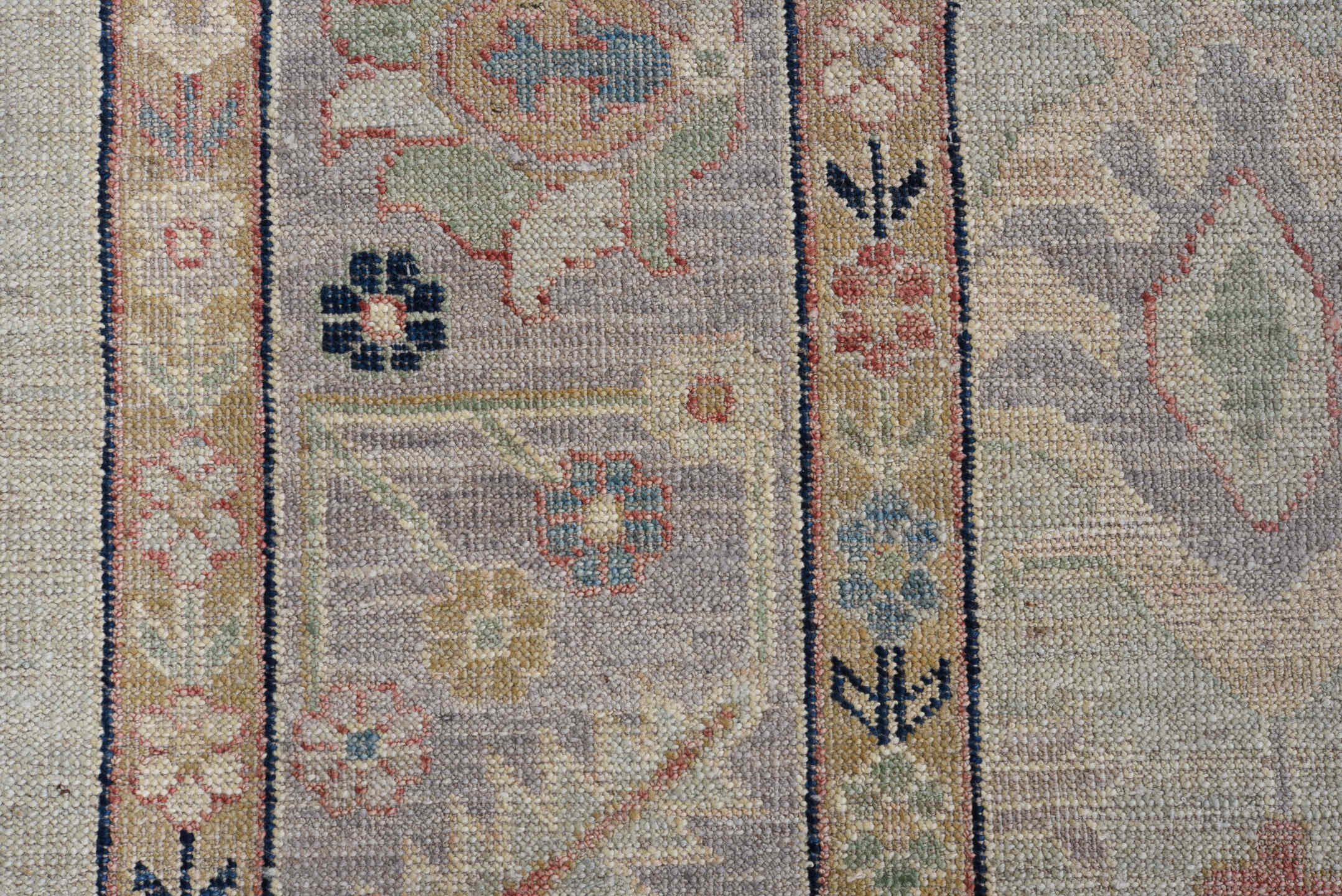 8' x 9' one-of-a-kind handmade vintage Oushak large size rug. Color palette: ivory, taupe, blush, navy, sage, gold, peach
