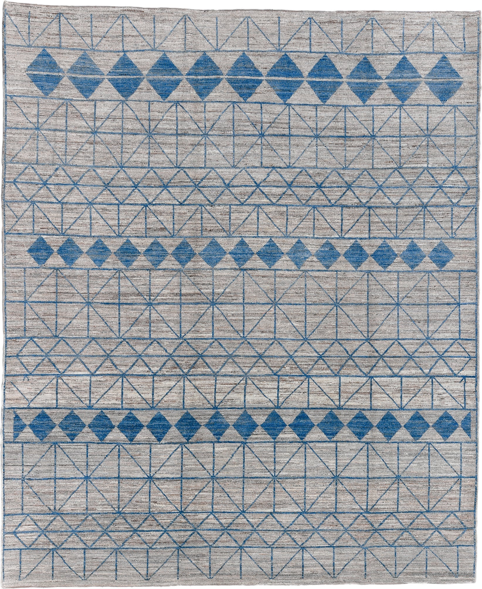 9' x 11' one-of-a-kind handmade vintage Tulu large size rug. Color palette: ivory, blue, slate, gray