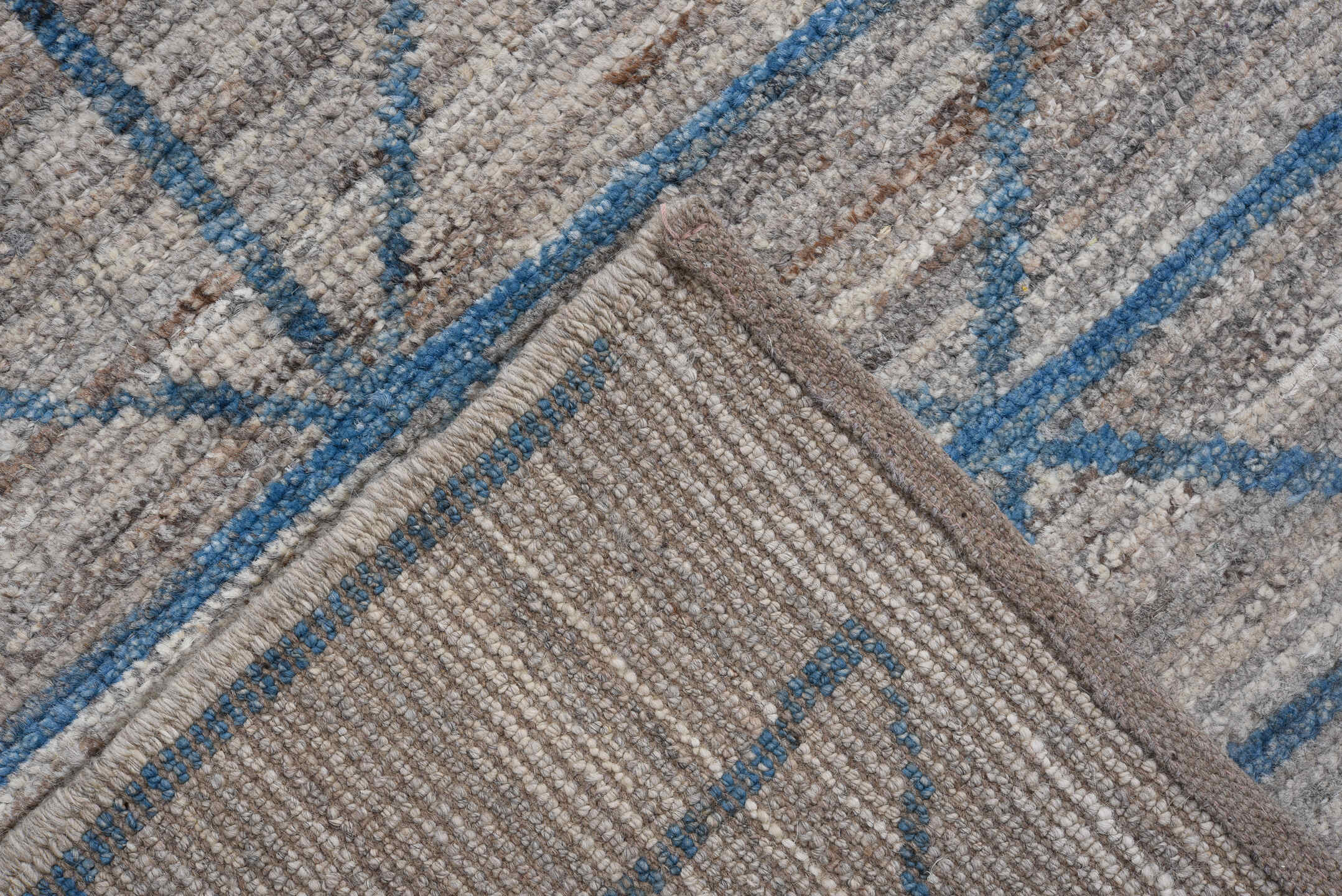 9' x 11' one-of-a-kind handmade vintage Tulu large size rug. Color palette: ivory, blue, slate, gray