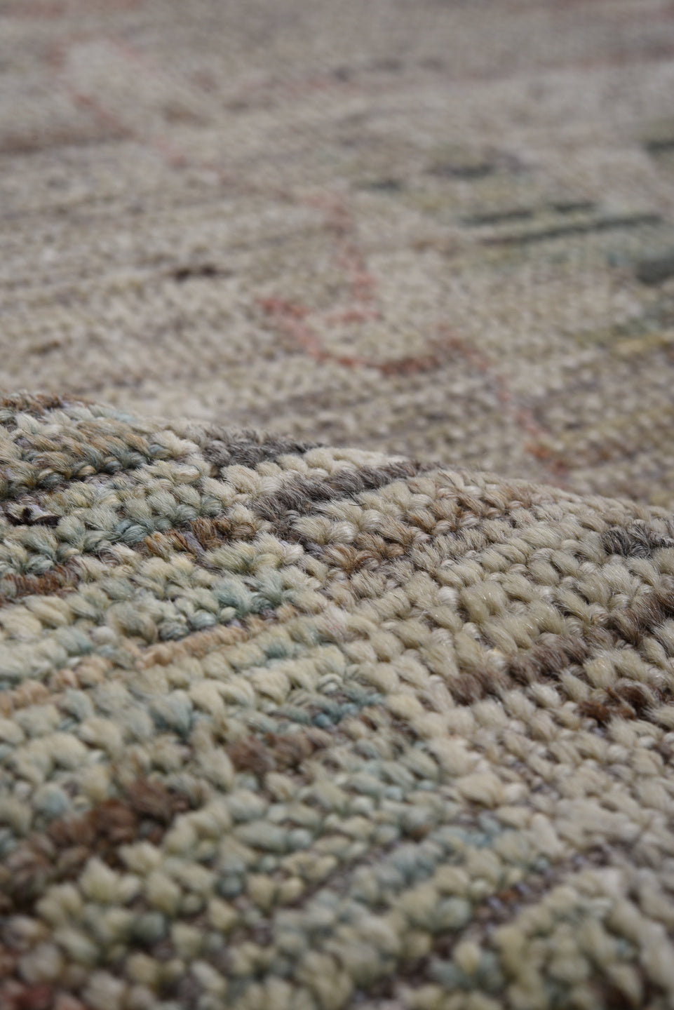 7' x 10' one-of-a-kind handmade vintage Oushak large size rug. Color palette: taupe, sage, coral, ivory, gold, dusty rose