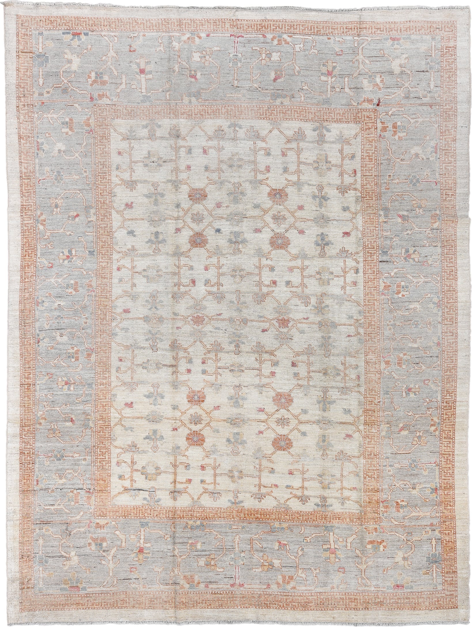 8' x 11' one-of-a-kind handmade vintage Oushak large size rug. Color palette: ivory, pale blue, peach, blush, taupe
