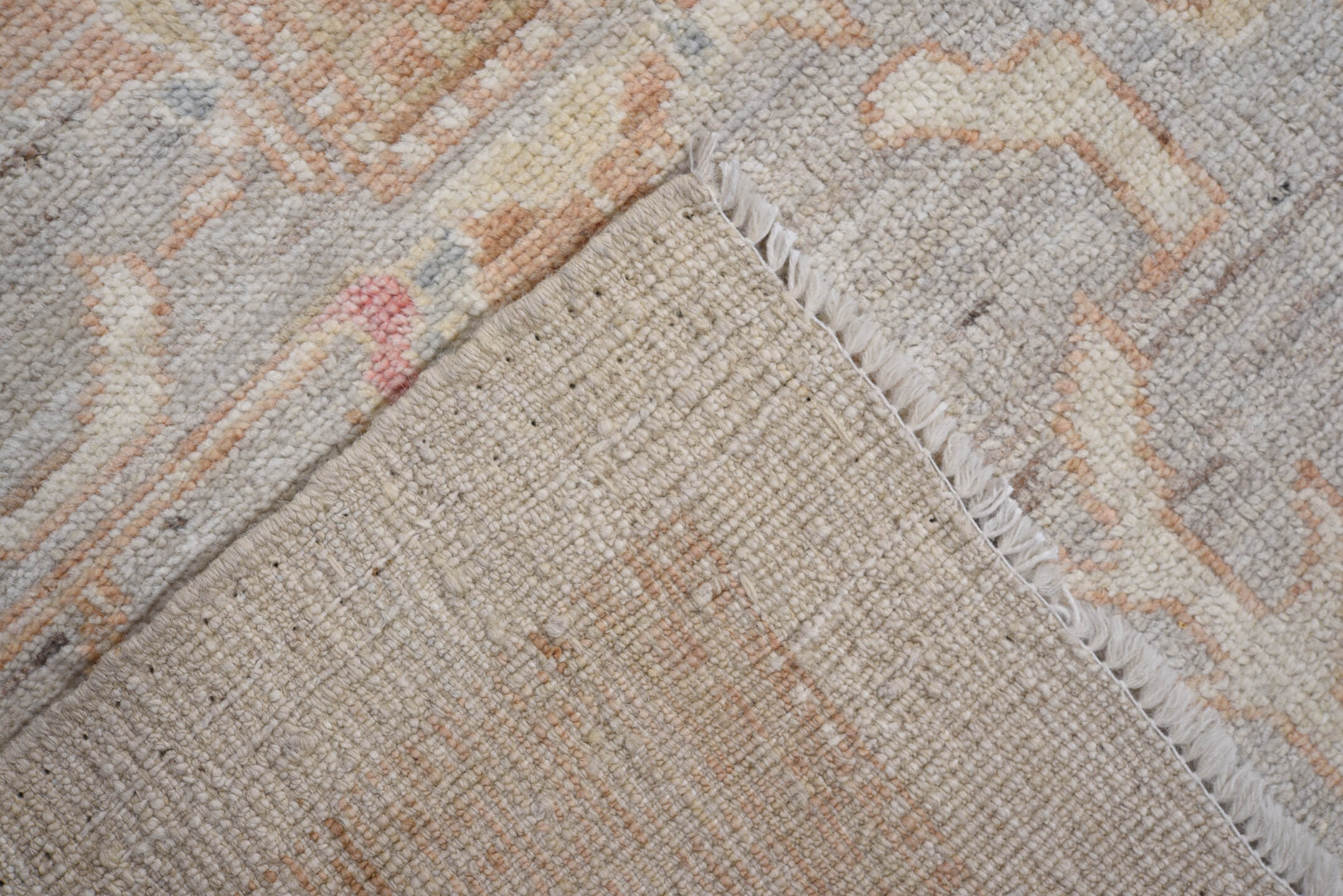 8' x 11' one-of-a-kind handmade vintage Oushak large size rug. Color palette: ivory, pale blue, peach, blush, taupe