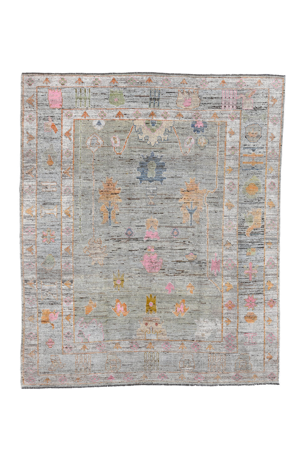 8' x 9' one-of-a-kind handmade vintage Oushak rug. Color palette: black, brown, charcoal, dark gray, gray, light gray