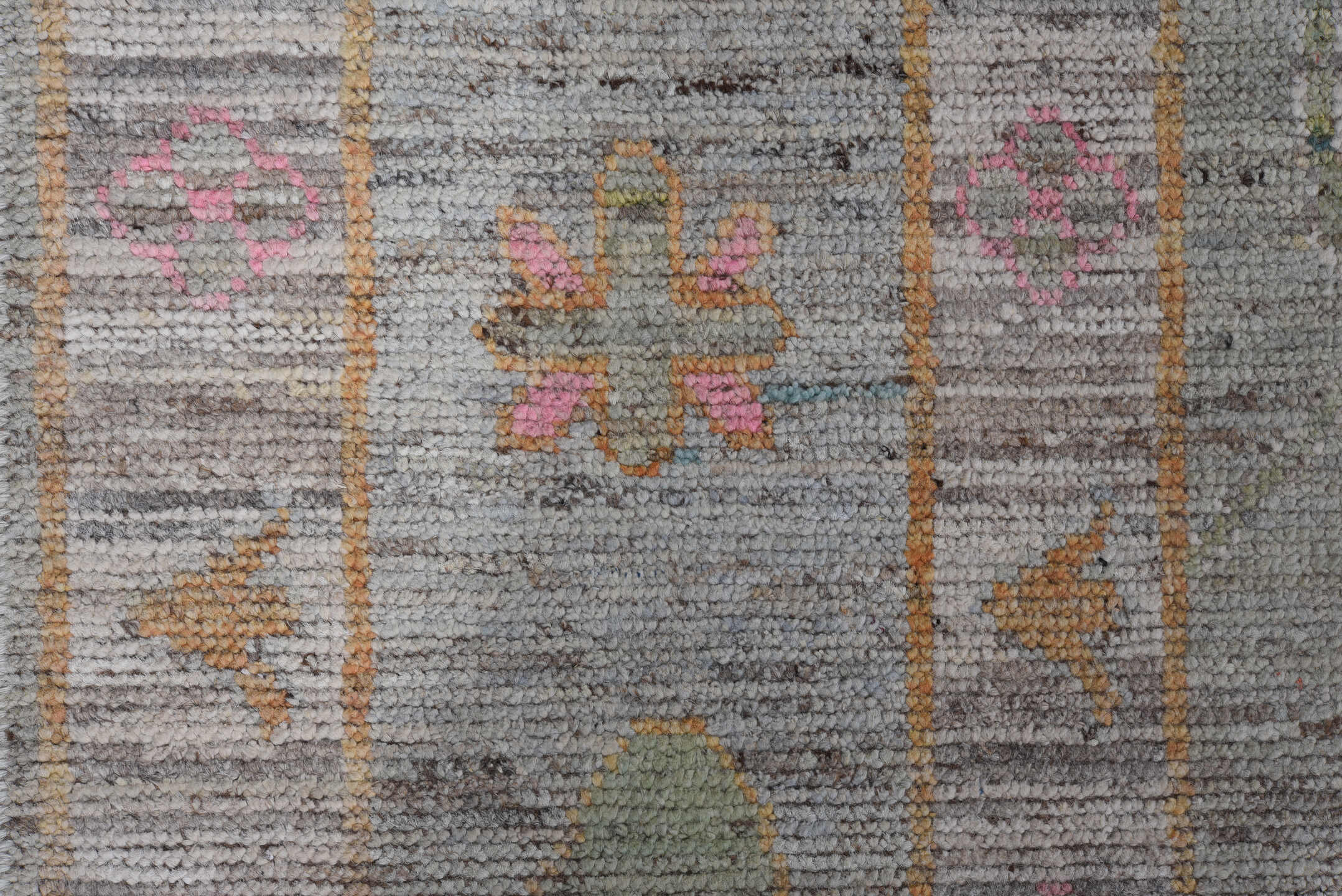 8' x 9' one-of-a-kind handmade vintage Oushak rug. Color palette: gray, blush, peach, ivory, blue, olive, gold, taupe, pink