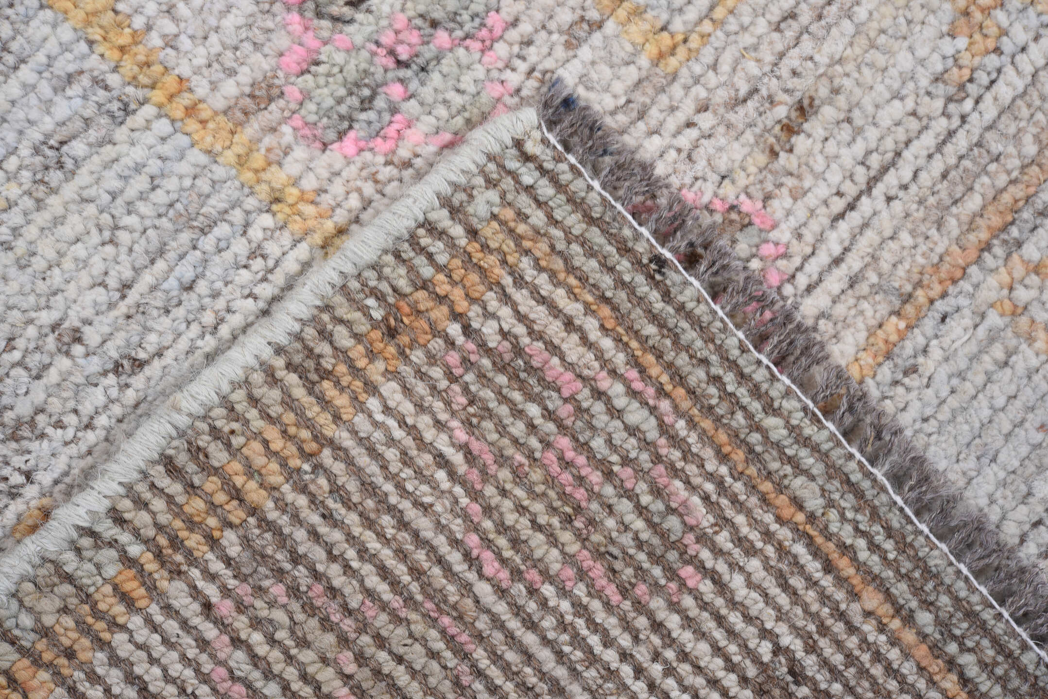 8' x 9' one-of-a-kind handmade vintage Oushak rug. Color palette: gray, blush, peach, ivory, blue, olive, gold, taupe, pink