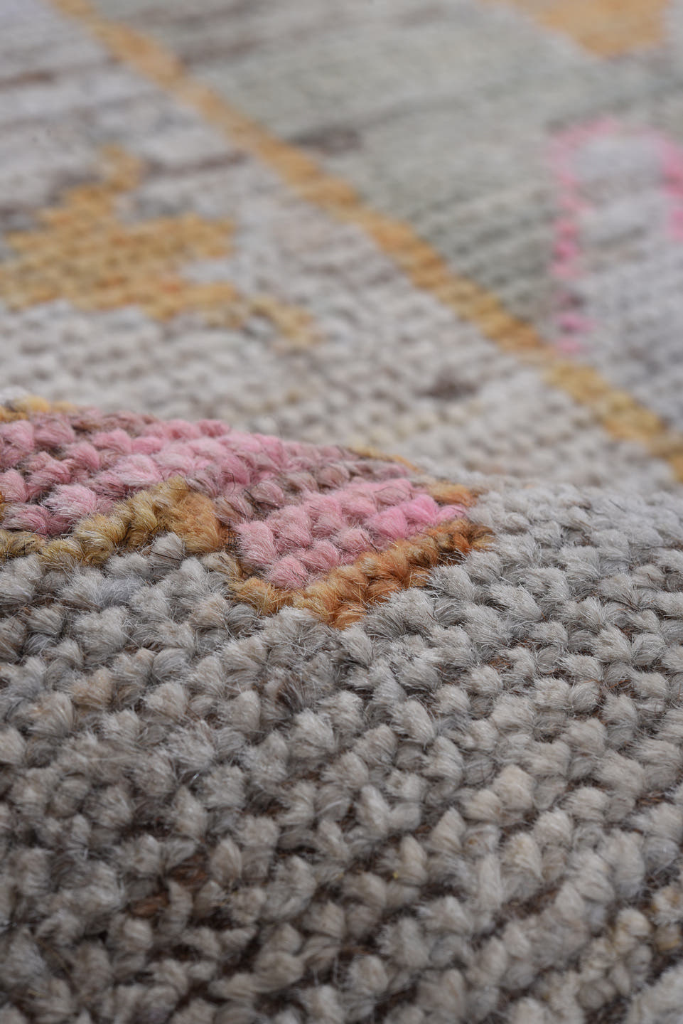 8' x 9' one-of-a-kind handmade vintage Oushak rug. Color palette: gray, blush, peach, ivory, blue, olive, gold, taupe, pink