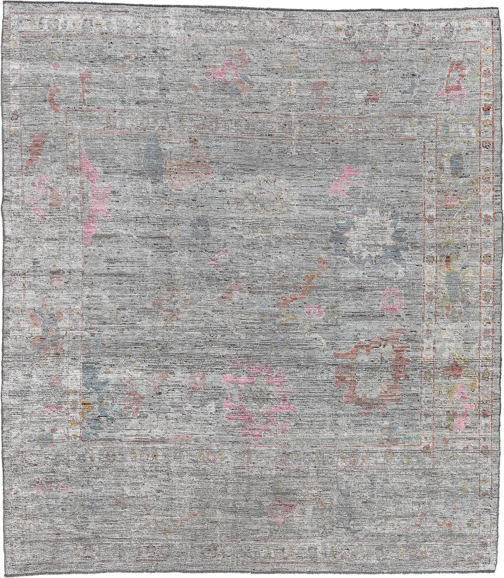 8' x 9' one-of-a-kind handmade vintage Oushak large size rug. Color palette: gray, ivory, blush, muted blue, apricot, taupe