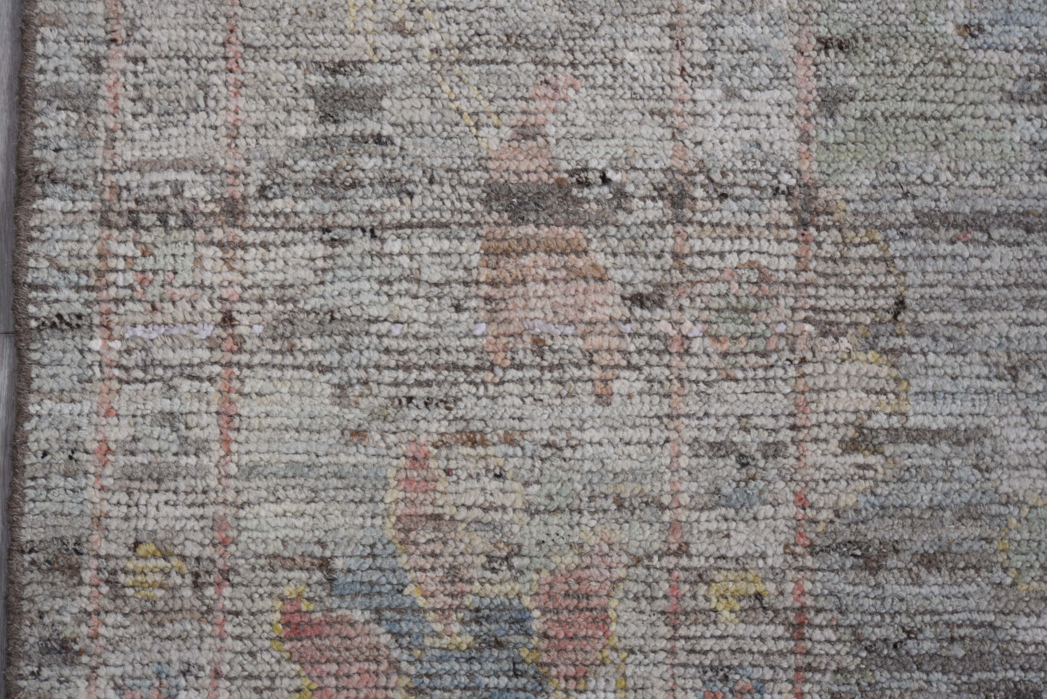 8' x 9' one-of-a-kind handmade vintage Oushak large size rug. Color palette: gray, ivory, blush, muted blue, apricot, taupe
